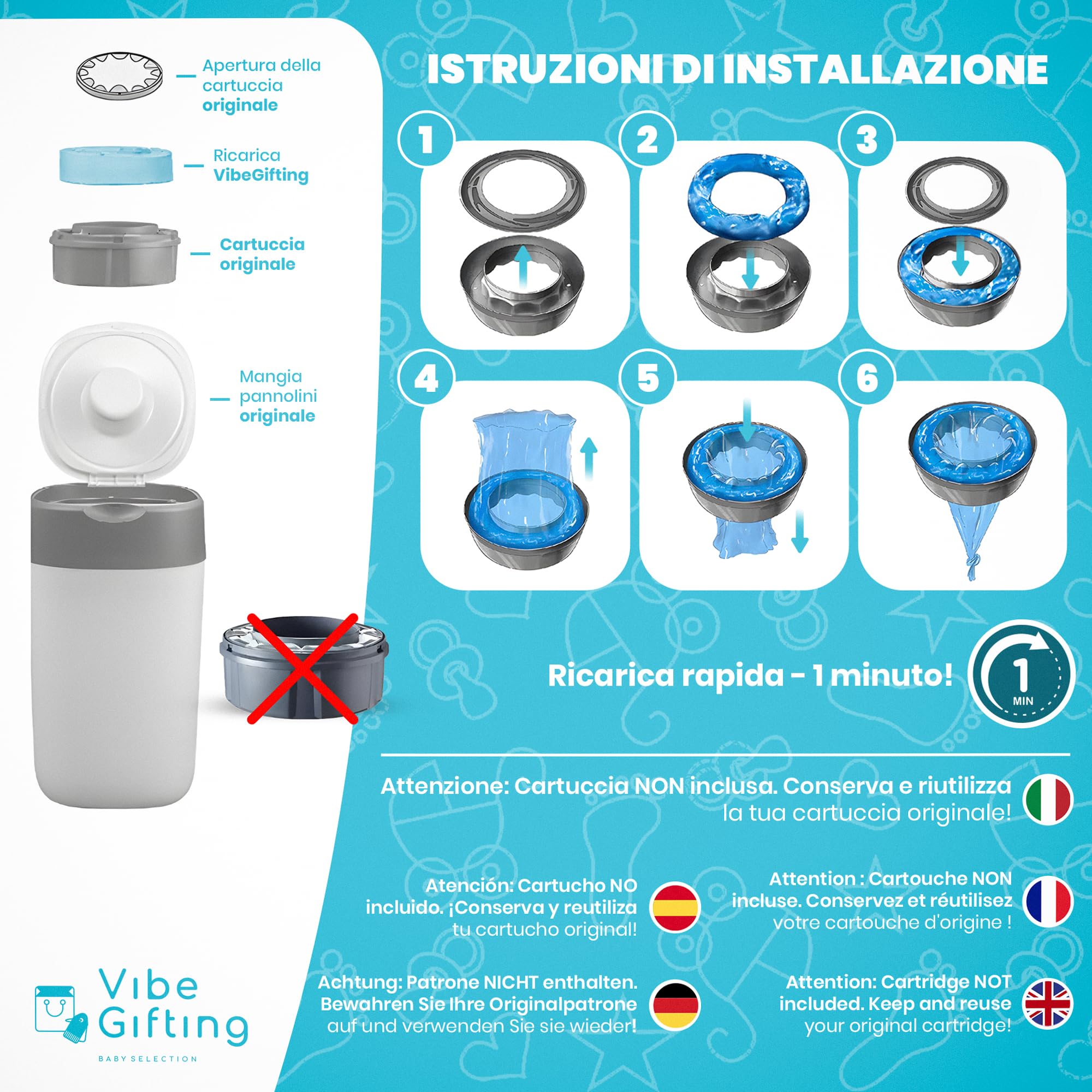 VibeGifting® Pack XXL-9 buste da 10 mt compatibili con Ricarica Mangiapannolini Foppapedretti, Ricariche Mangiapannolini Tommee Tippee, Profumate, Senza-BPA, 100% Riciclato