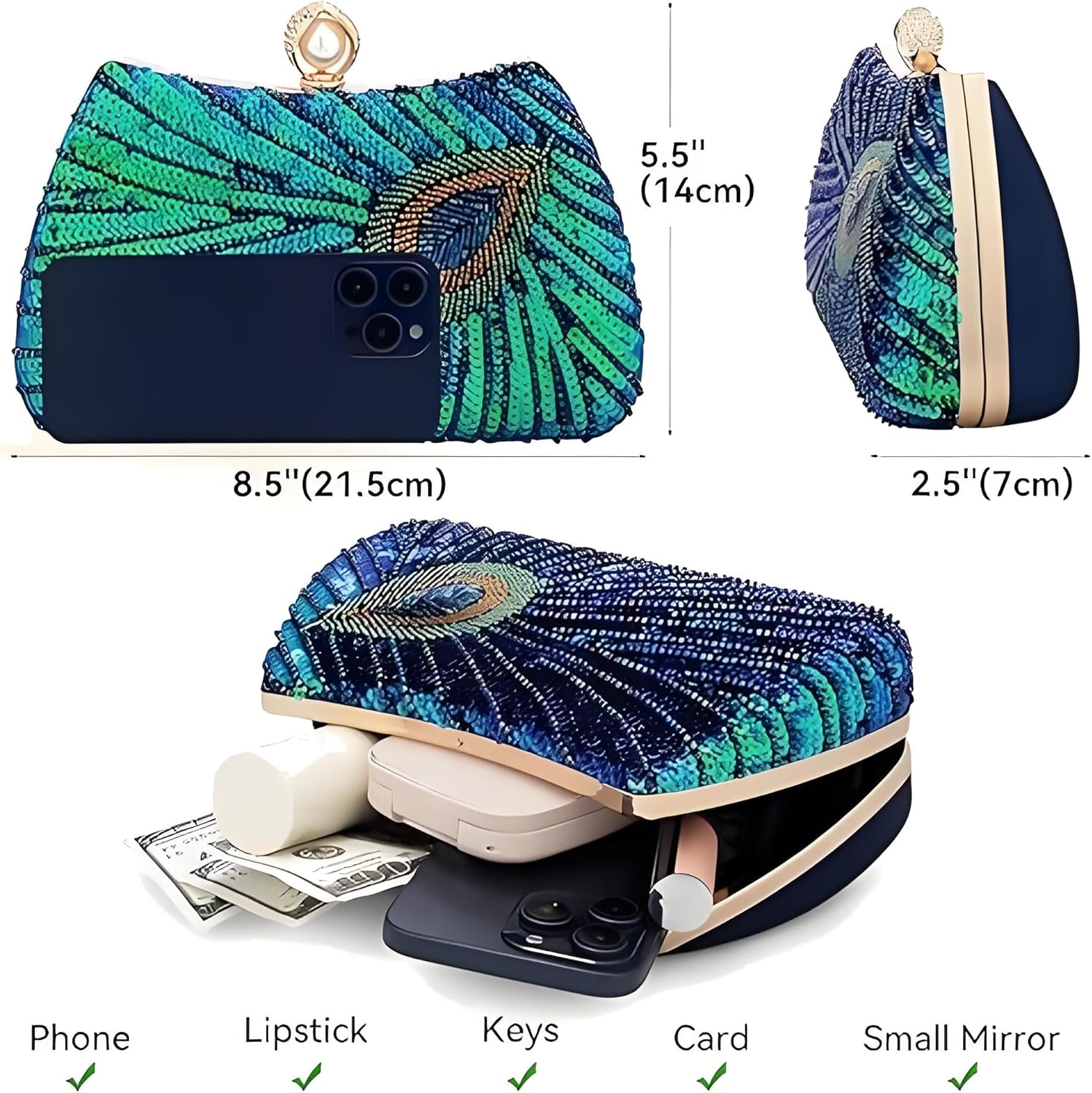 Women's Sequin Beaded Peacock Evening Clutch Purse Pearl Chain Vintage Handbag