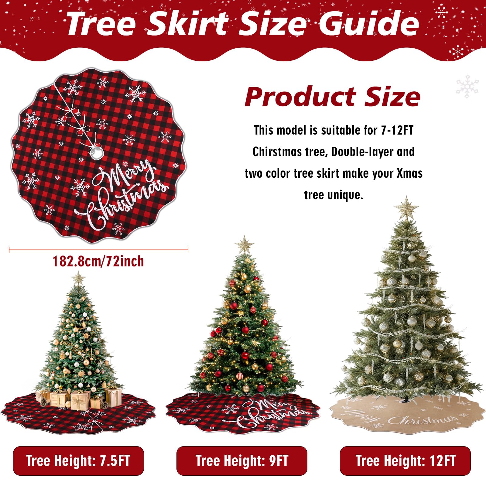 Jupe de sapin de Noël de 183 cm, jupe de sapin en toile de jute pour arbre de 2,1 m à 3,4 m, jupe de sapin double face à carreaux de buffle pour arbre moyen