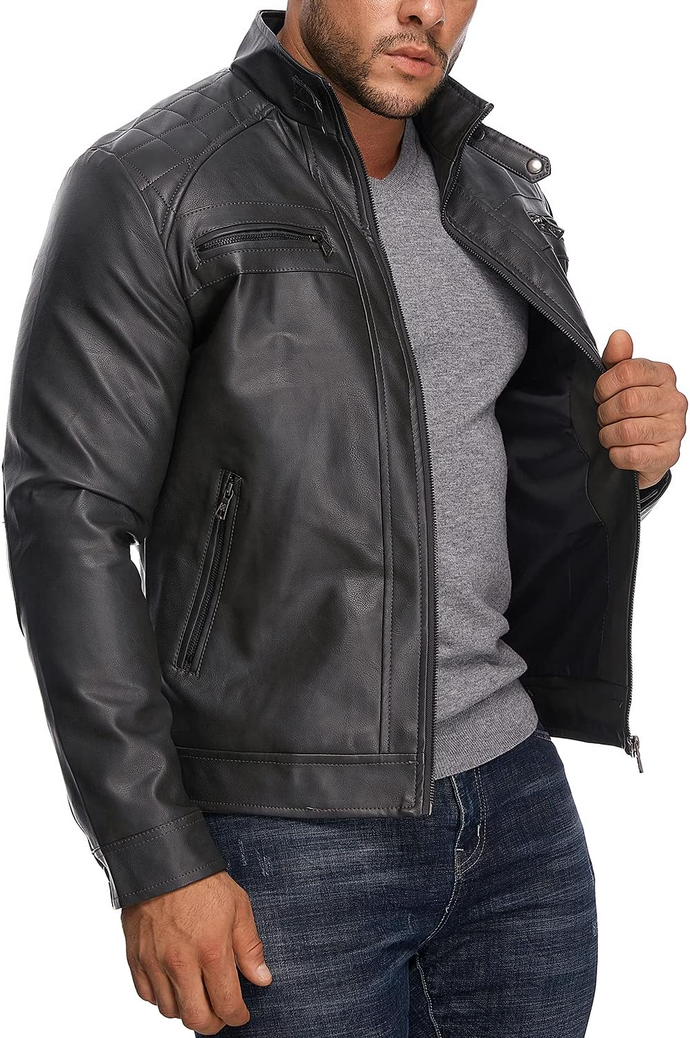 HOOD CREW Men’s Stand Collar Leather Jacket Casual Faux Leather Motorcycle Jacket Outerwear Coat with Zipper Pockets - Image 5