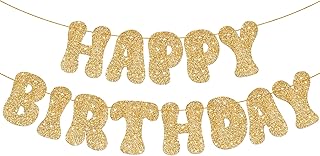KatchOn, Glitter Gold Happy Birthday Banner - Pre-Strung, 10 Feet, No DIY | Gold Birthday Party Decorations | Gold Happy Birthday Sign for Gold Happy Birthday Decorations for Women, Birthday Supplies