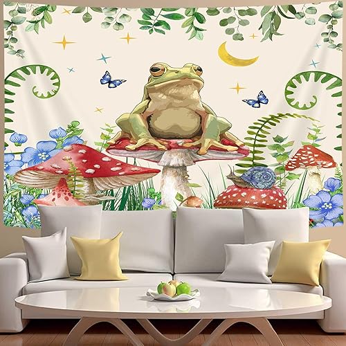 Miniatura 7 de JAWO Tapiz de hongos de rana, tapiz estético de luna y mariposa, tapiz para colgar en la pared para dormitorio, tapiz divertido floral de plantas,