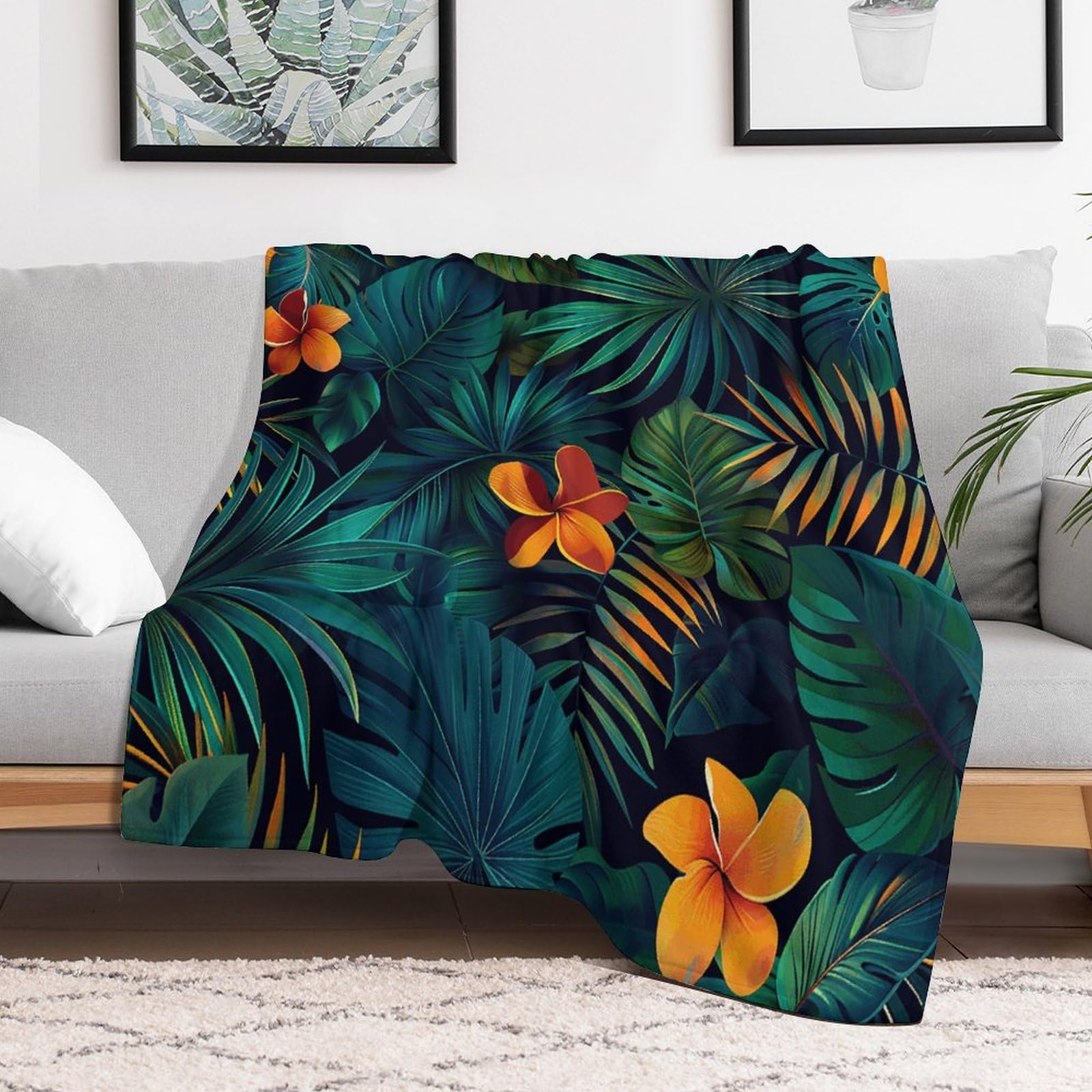 Couverture polaire en microfibre motif feuilles tropicales pour canapé