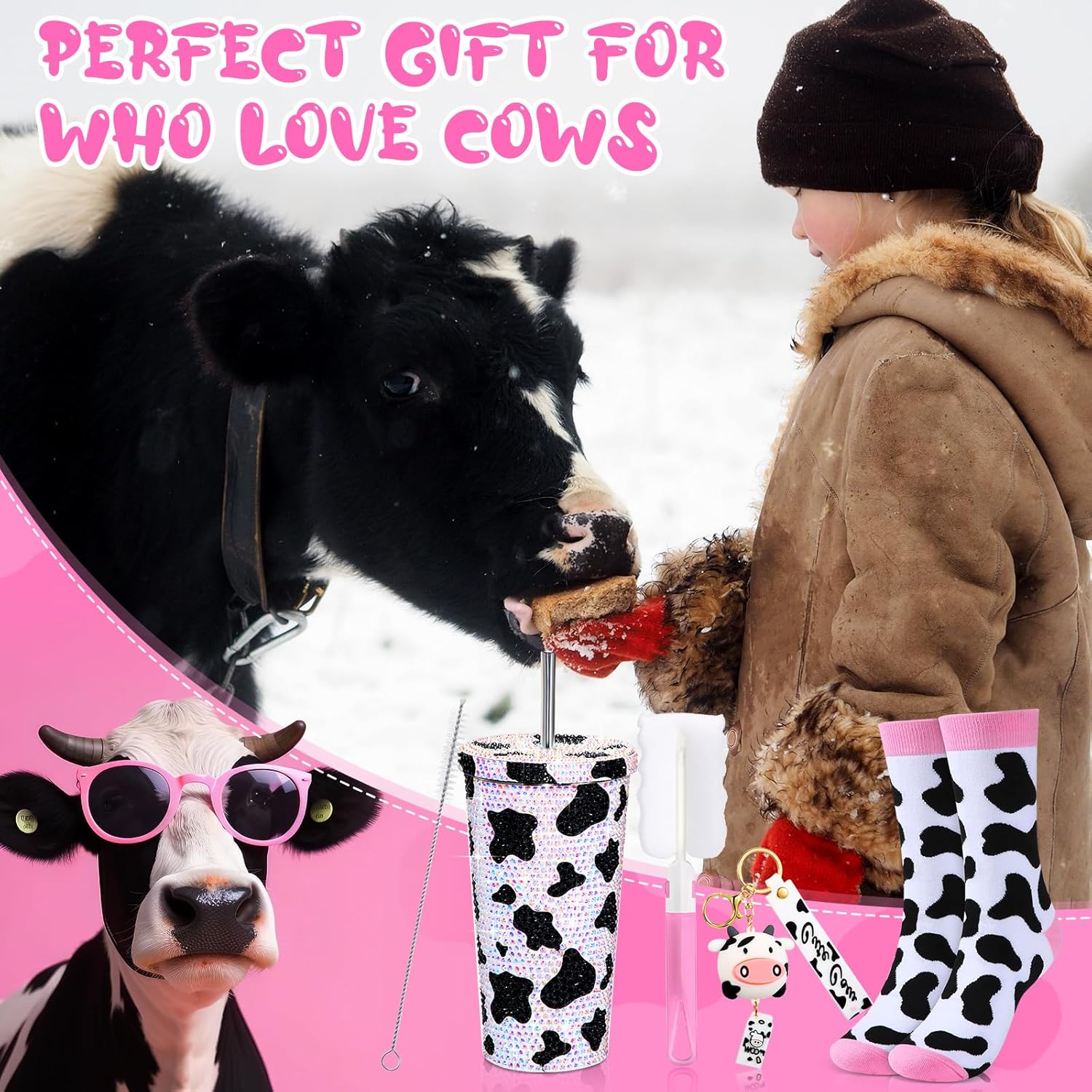 Domensi 3 Pack Cow Gifts for Women Including 17 oz Bling Rhinestone Cow Tumbler Socks and Keychain for Birthday Employee Teacher Appreciation Gifts