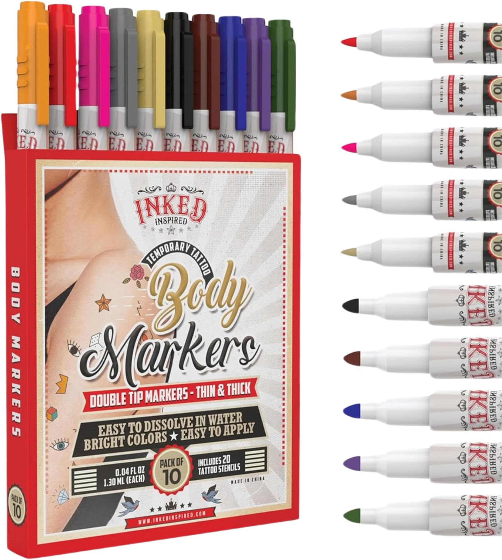 Temporary Skin Markers - Tattoo Pens with Stencils - Body Markers - Better Than Henna Kit - Dual-Tip Ink Set of 10