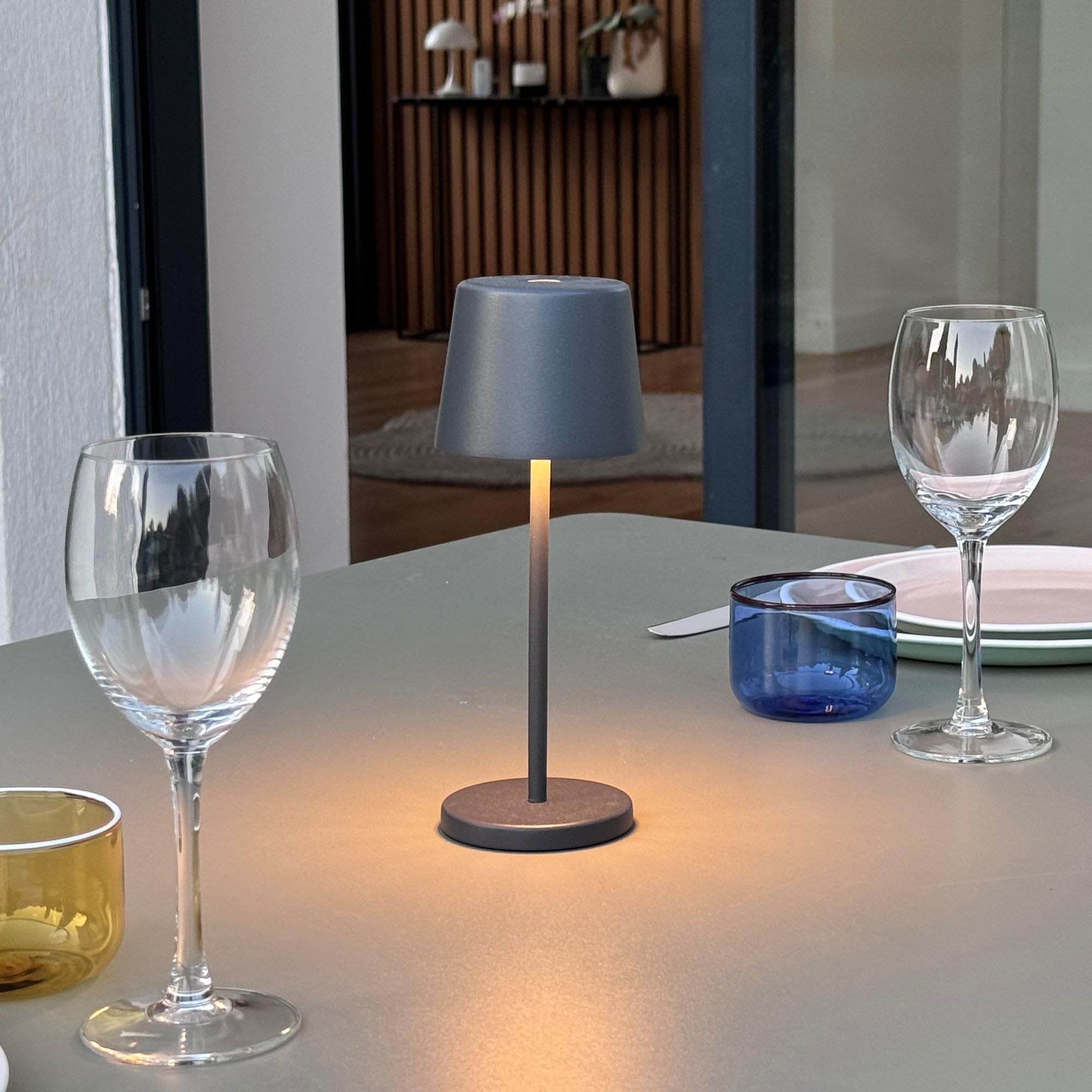Lumisky Mini-Tischleuchte, kabellos, Aluminium, Grau, LED, Mini Rock, weiß, dimmbar, Höhe 22 cm