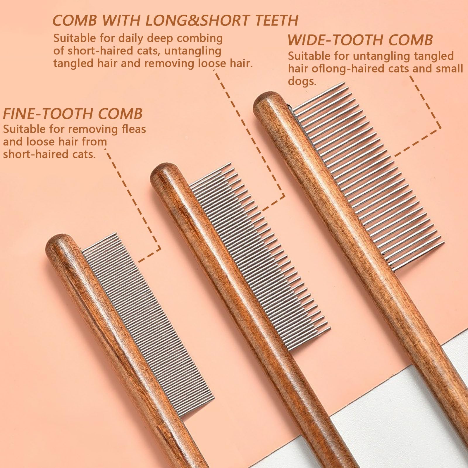 3Pcs Stainless Steel Pet Comb Durable Solid Wooden Cat Combs Rounded-Tip Teeth Pet Hair Comb Anti-Tangle Removes Knots Pet Grooming Comb for Removing Floating Hair - Image 3