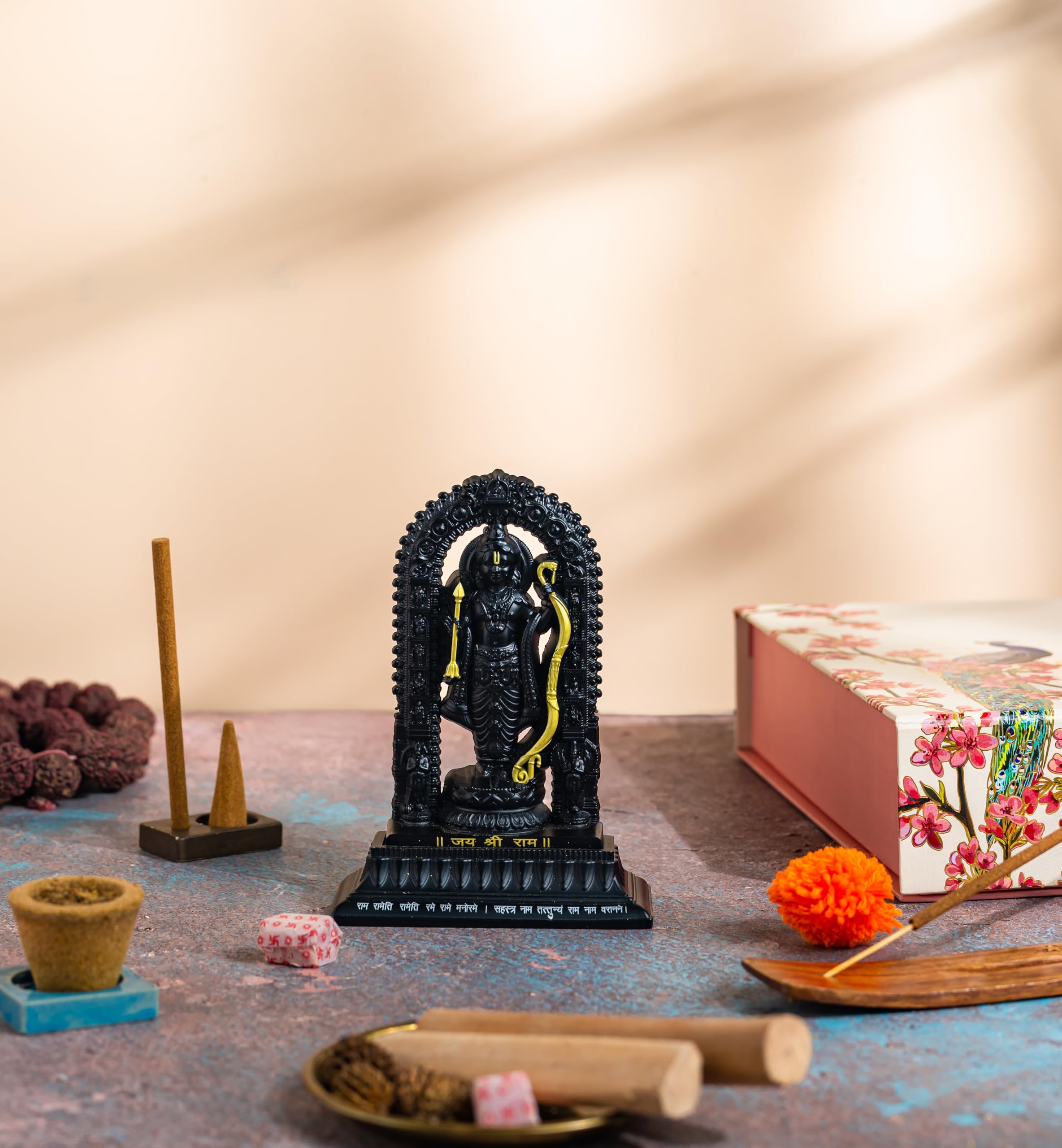 Vaidibhyo® Luxury Gift Box of Mixed Incense Products of Rose (60 Agarbatti, 30 Dhoop, 30 Cones) & 6 Dhuna Havan Cups | Zinc Metal Ramlalla | Best Diwali Gift for Personal & Corporates | 3 Free Stands 1
