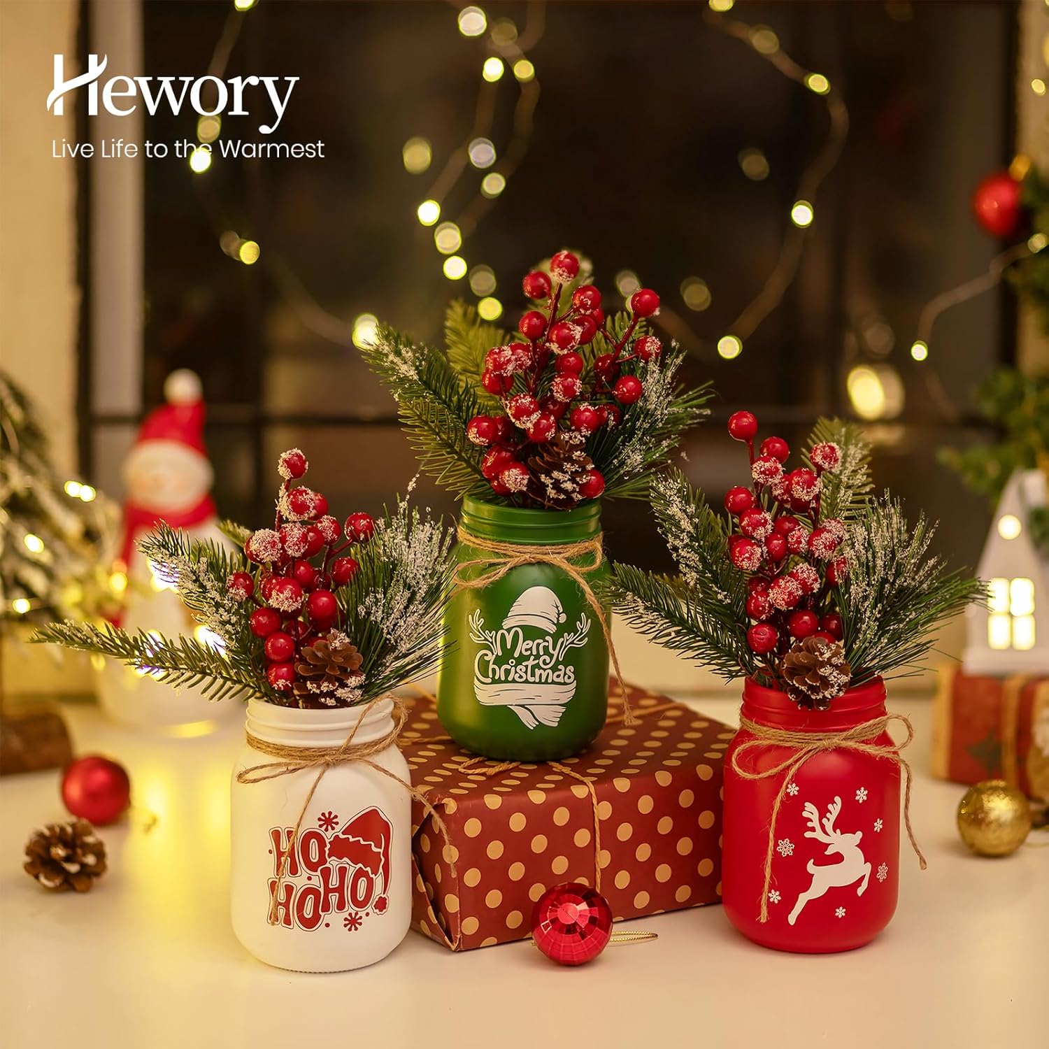 Hewory Christmas Vase for Table Centerpieces: 3 PCS Glass Christmas Mason Jars with Arrangemengts - Delicate Holiday Decor for Mantle Coffee Table Shelves