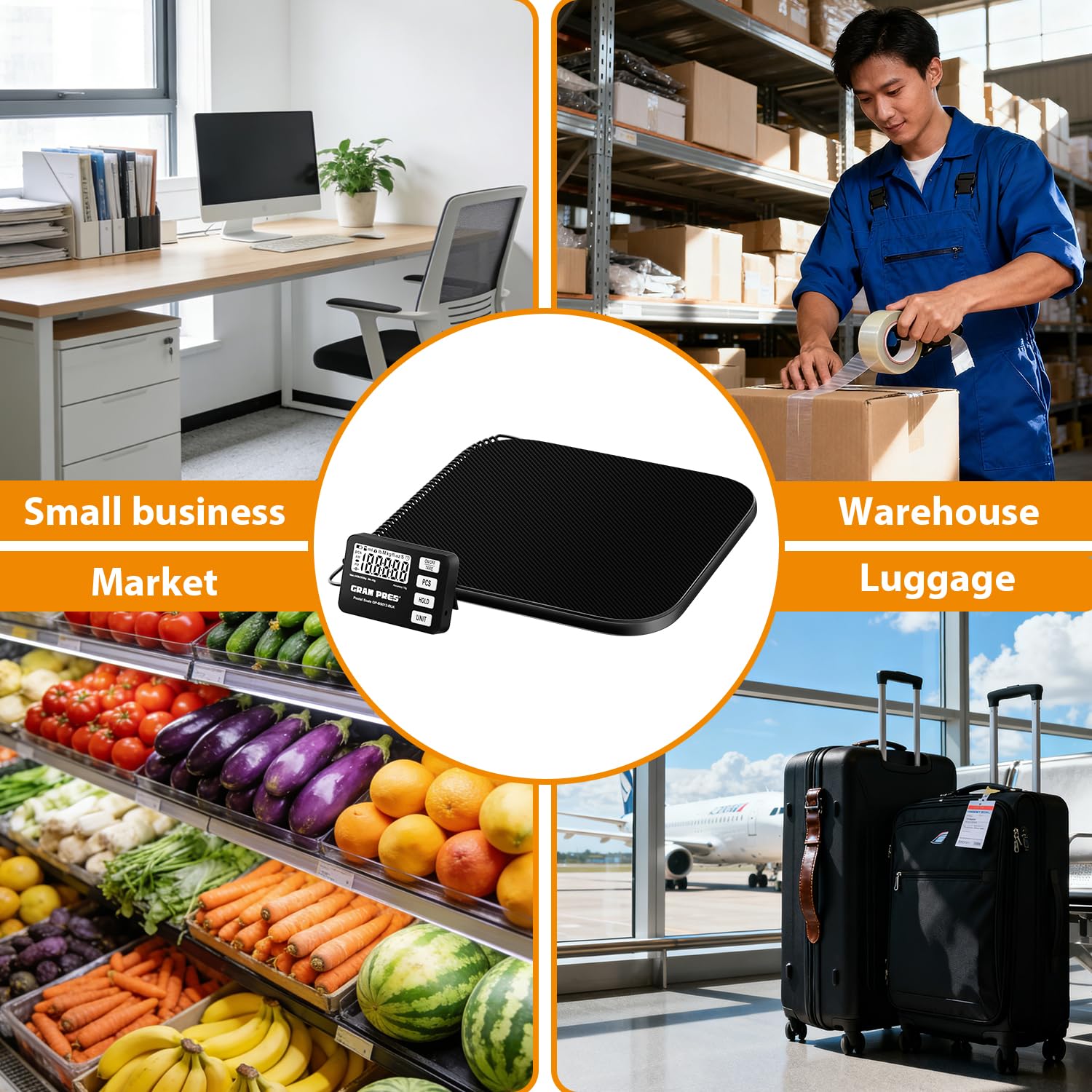GRAM PRES Báscula de envíos digital de 200 kg/10 g con pantalla LCD, funciones de retención/tara/piezas para paquetes/equipaje/oficina de correos/perro, batería y cable USB incluidos