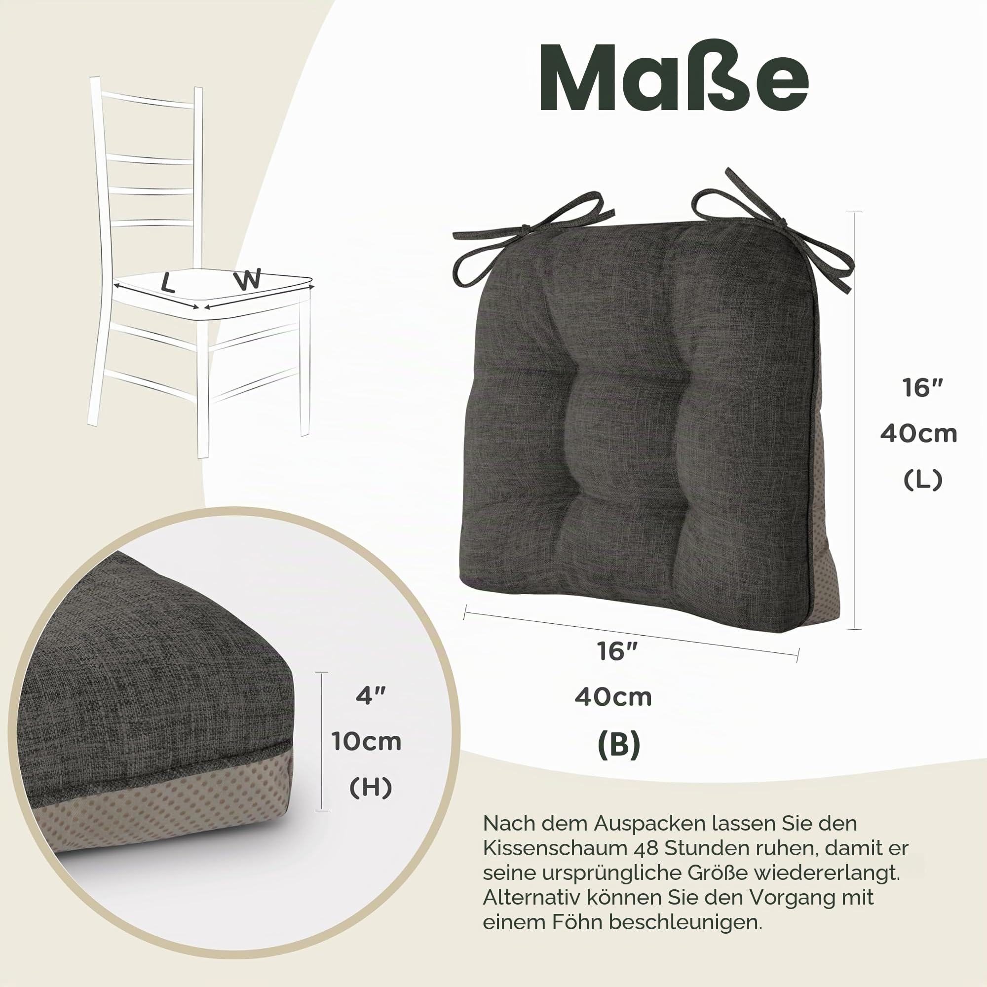 AddGrace 4er Set Sitzkissen 40 x 40cm Weiche Stuhlkissen mit 10cm Hochwertiger Polsterung für Innenbereich Küche oder Esszimmer,Dunkelgrau