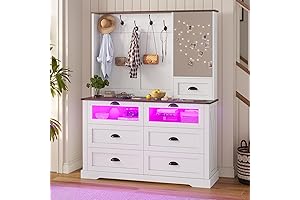 Tall LED Dresser: Modern Farmhouse Style with Mirror, Hooks, and Drawers