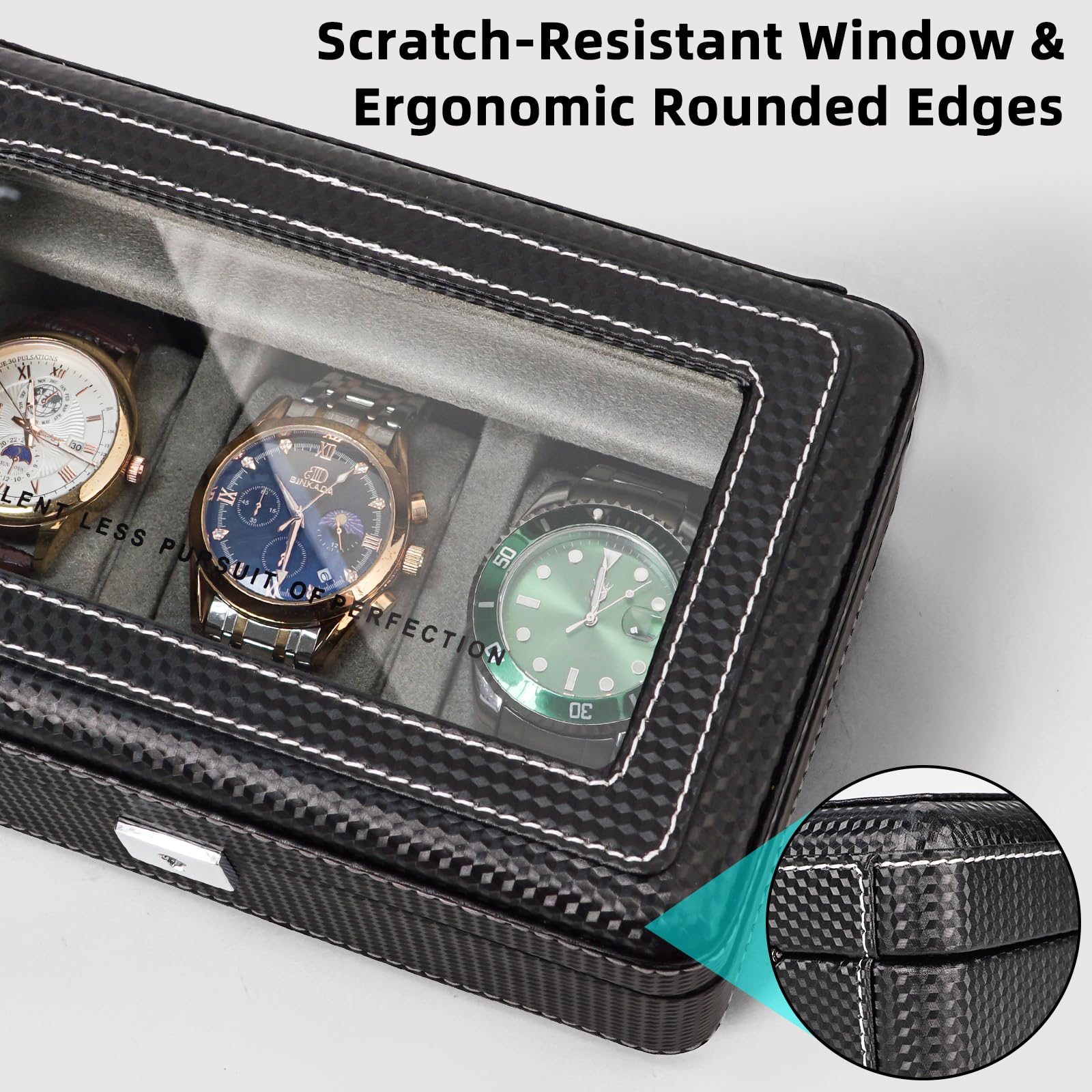 Scatola per orologi in pelle di alta qualità, in fibra di carbonio, per 3 orologi, con serratura, portatile, con finestra in vetro, regalo ideale per collezionisti di orologi, viaggiatori, in