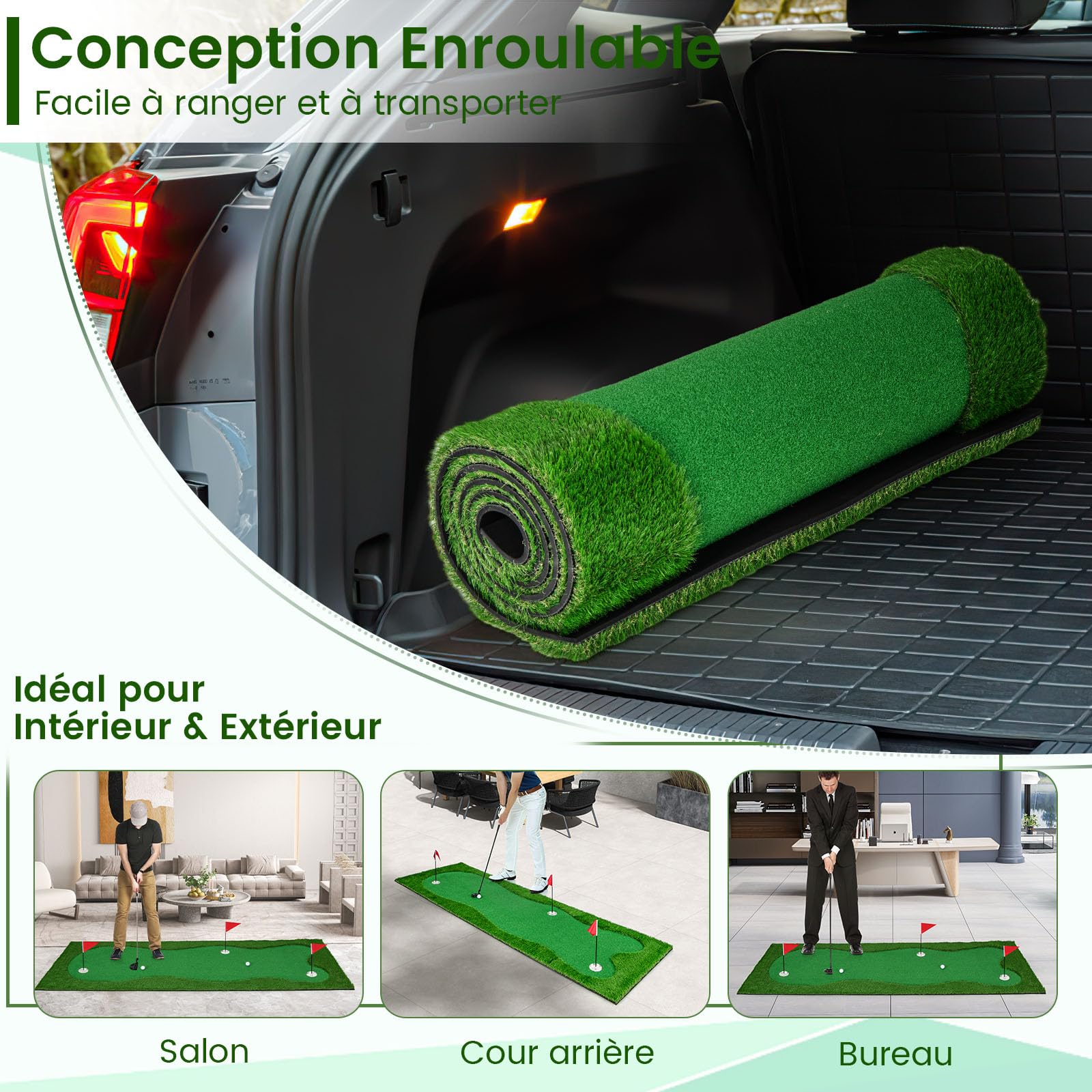 GOPLUS - Alfombra de Golf para Putting (3 x 1 m), Gran Alfombra de Entrenamiento de Golf, 3 Agujeros, 3 Copas y Banderas de Ayuda al Entrenamiento, Interior Exterior