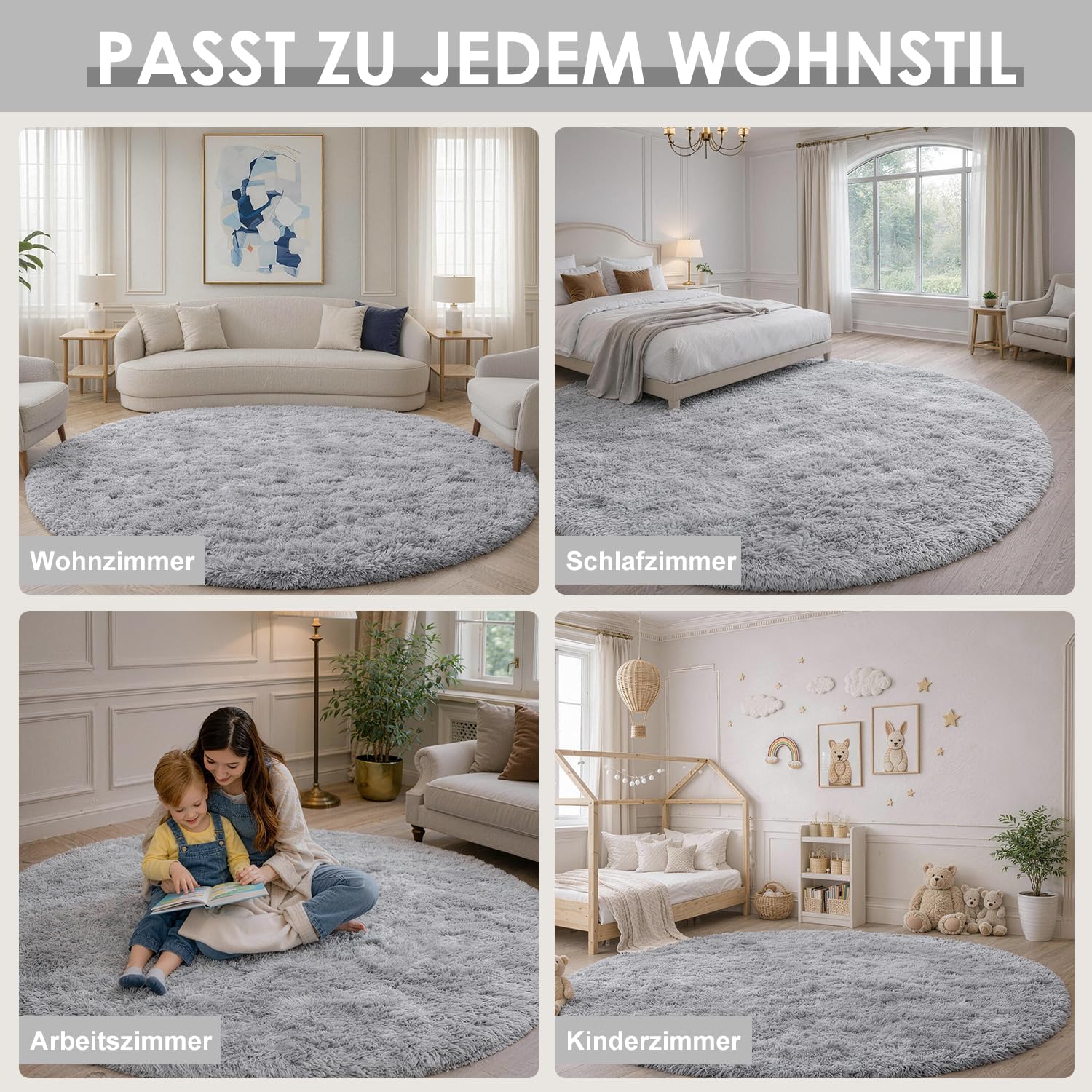 ROHATIM Vloerkleed, slaapkamer, rond, 150 cm, donkergrijs, wasbaar, antislip, rond hoogpolig, woonkamer, kinderkamer, pluizig