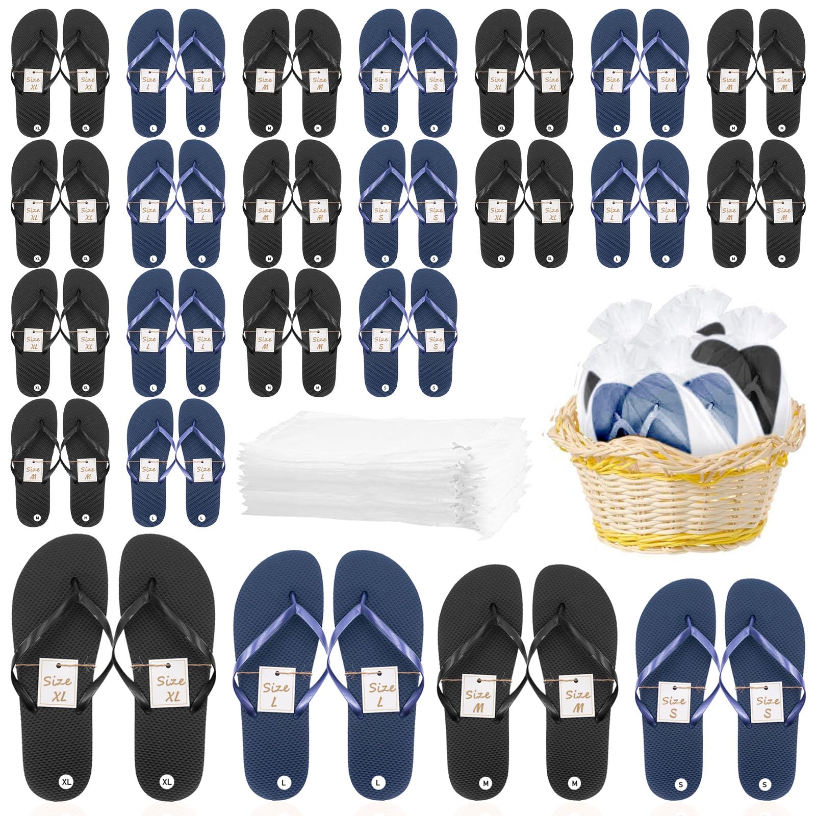Malloom 24 Paar Unisex Flip Flops/Zehentrenner für Hochzeitsgäste, Badelatschen mit Größenkarten und Kordelzugbeuteln, Flipflops Spa-Hausschuhe für Hotel und Strand