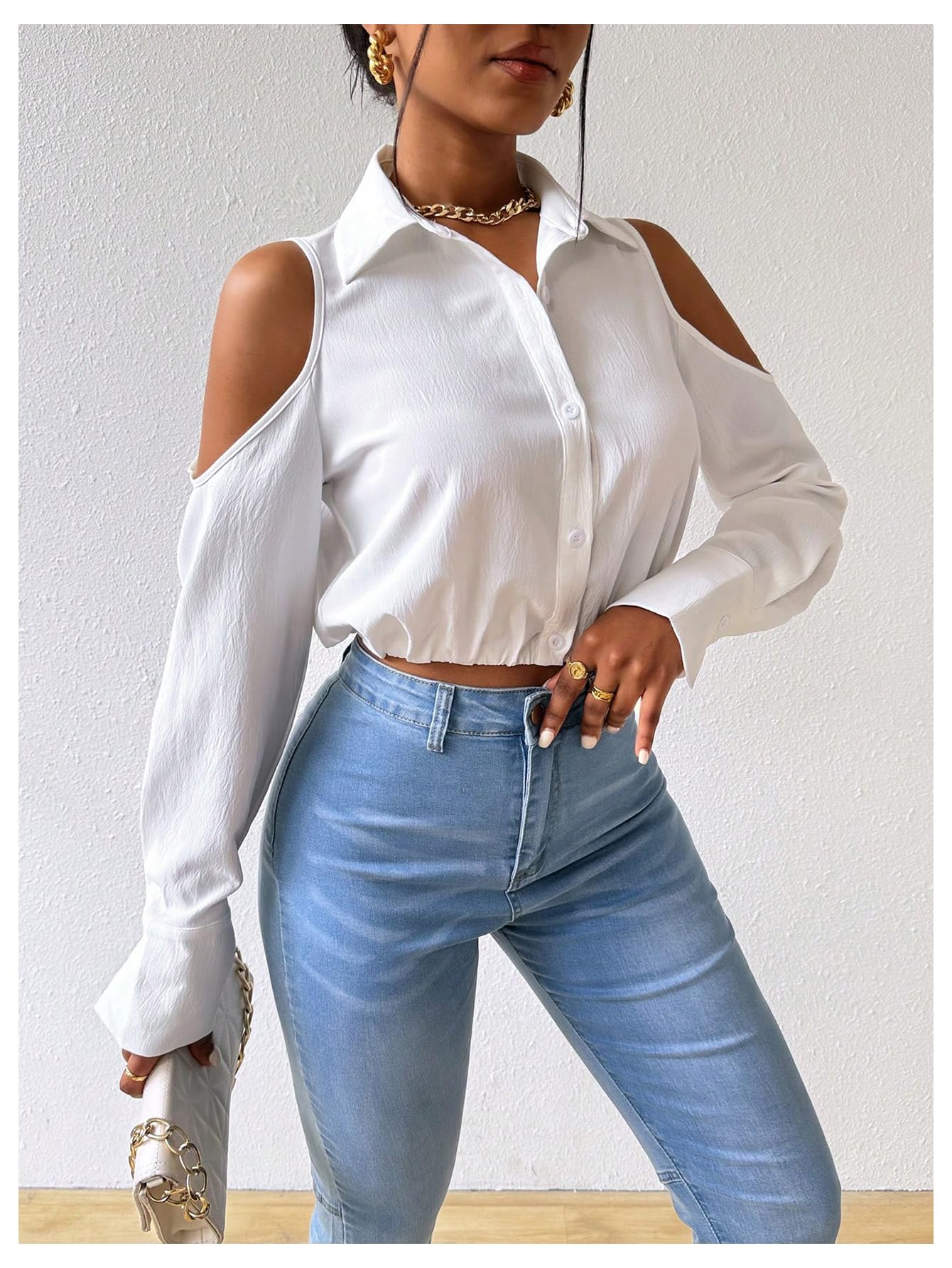 SweatyRocks Women's Cold Shoulder Long Sleeve Button Down Collared Cropped Blouses