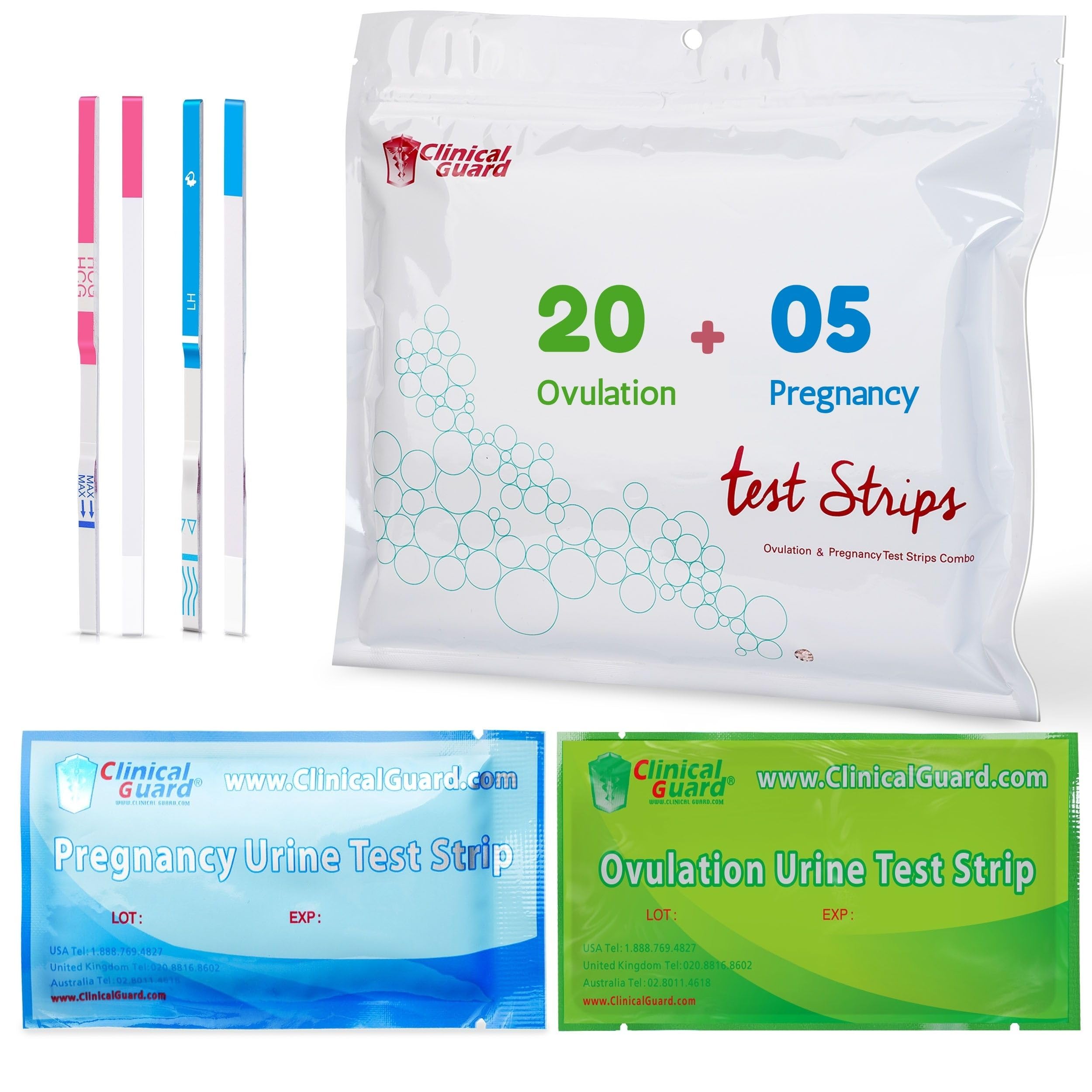 Clinical Guard 20 Ovulation Test Strips and 5 Early Pregnancy Test Strips Combo Rapid HCG Test Fertility Ovulation Predictor Kit (25 Count) - Azure/Sage