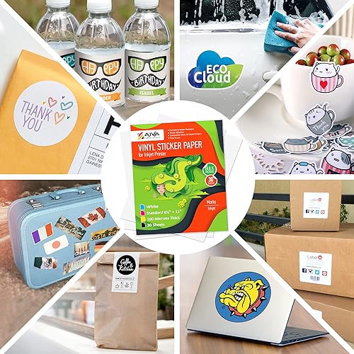 Vista 4 de Papel adhesivo de vinilo imprimible, papel de calcomanía impermeable para impresora de inyección de tinta, 30 hojas autoadhesivas, blanco mate