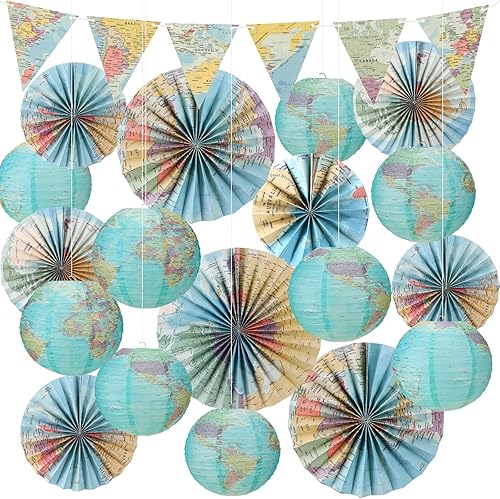 19 piezas de mapa del mundo para decoración de aula, globos de decoración de fiesta temática de viaje, faroles de papel colgantes, banderas