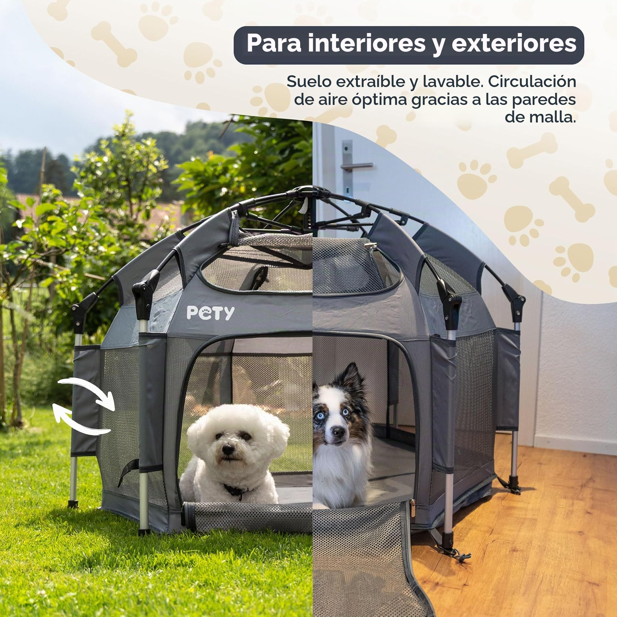 PETY Parque para Perros - 110 x 80 cm Tienda Móvil con Bolsa de Transporte y Estacas - Recinto para Mascotas Exterior e Interior - Accesorios de Viaje para Camping - Antracita