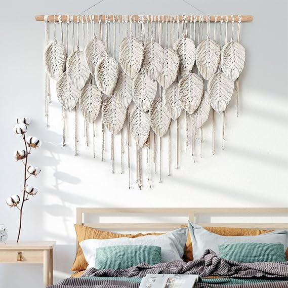 ASTNIC Macrame Wall Hanging Leaf Tapestry, Large Boho Handmade Woven Tassel Tapestry Bohemian Chic Home Wall Art Decor for Bedroom Living Room Apartment Craft Decoration(Beige)