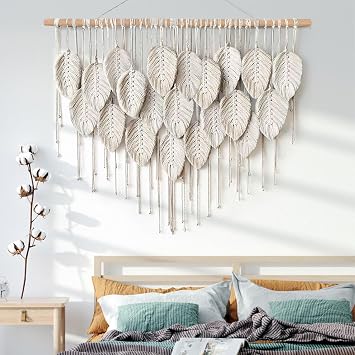ASTNIC Macrame Wall Hanging Leaf Tapestry, Large Boho Handmade Woven Tassel Tapestry Bohemian Chic Home Wall Art Decor for Bedroom Living Room Apartment Craft Decoration(Beige)