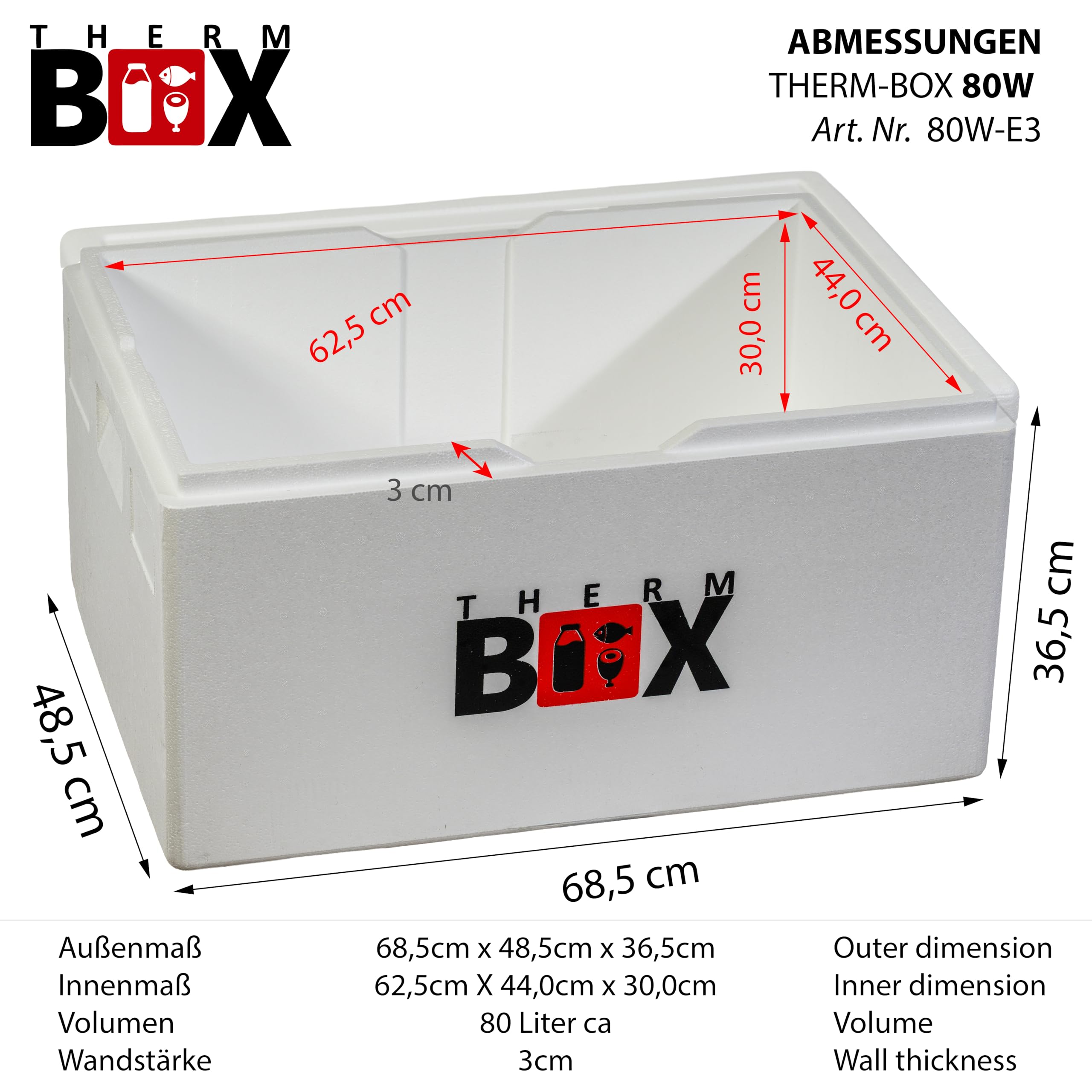 THERM BOX Contenitore per fermentazione da 80 W, in polistirolo, 80 litri, interno 62,5 x 44 x 30 cm, spessore parete 3 cm, contenitore termico, contenitore termico, contenitore termico riutilizzabile