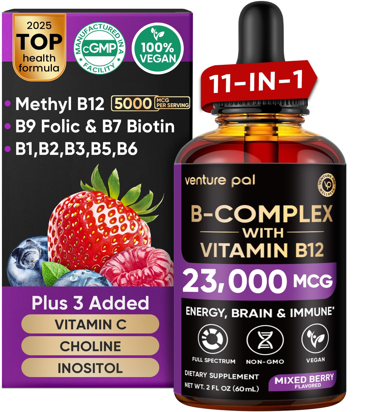 Venture Pal 11-in-1 Vitamin B Complex Liquid Drops, B12 Methylcobalamin | B9 Folic | B1,B2,B3,B5,B6,B7 - Vitamin C, Choline, Inositol, Immune & Energy Metabolism, Brain & Heart Support