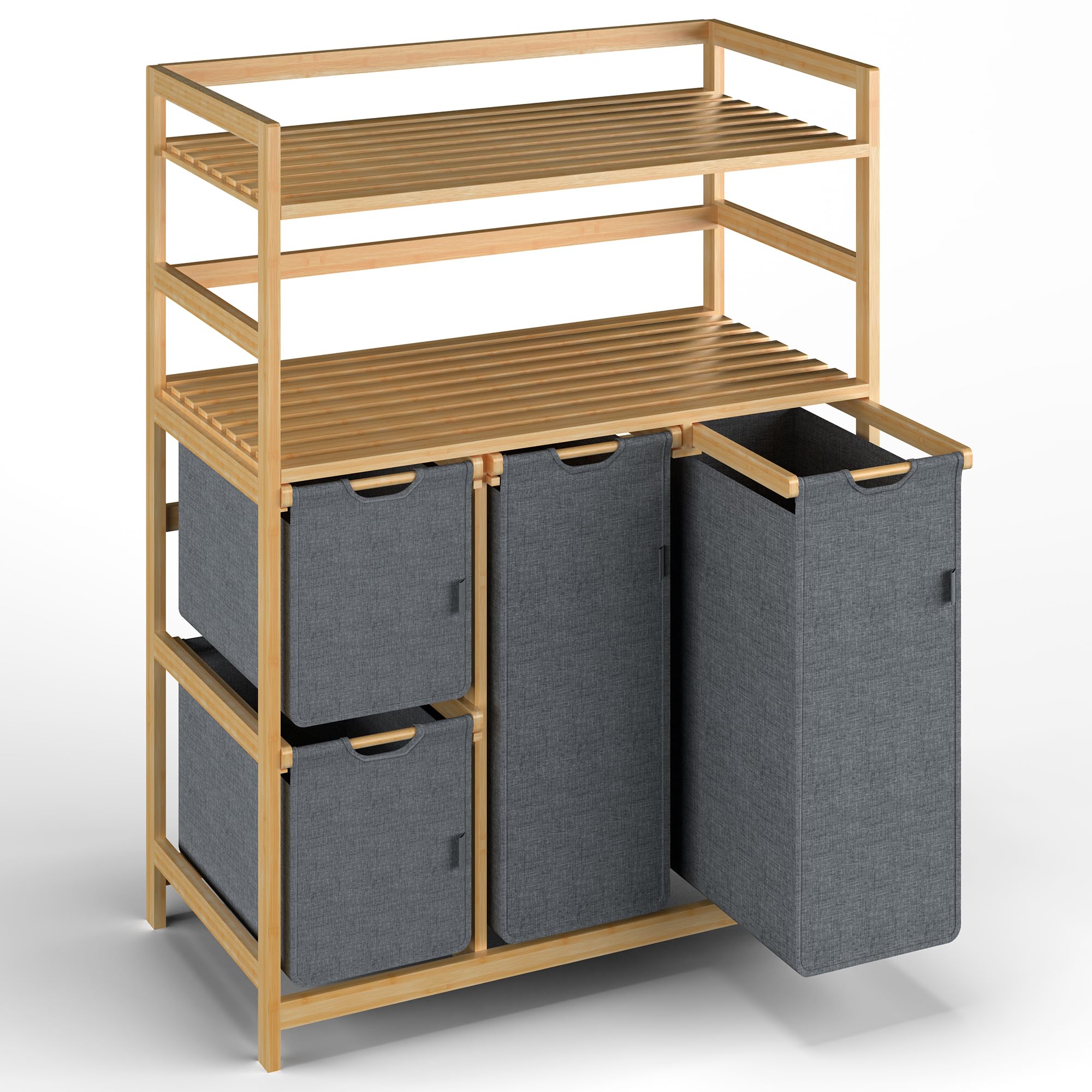 iEGrow Wäschesammler 4 Fächer 150L, Wäschekorb 4 Fächer 2 Regale, Bambus Wäschewagen mit Ablage für Schmutzwäsche, Push-Pull Wäschesack aus Oxford-Gewebe, 2 x 50 L, 2 x 25L Wäschebox Grau