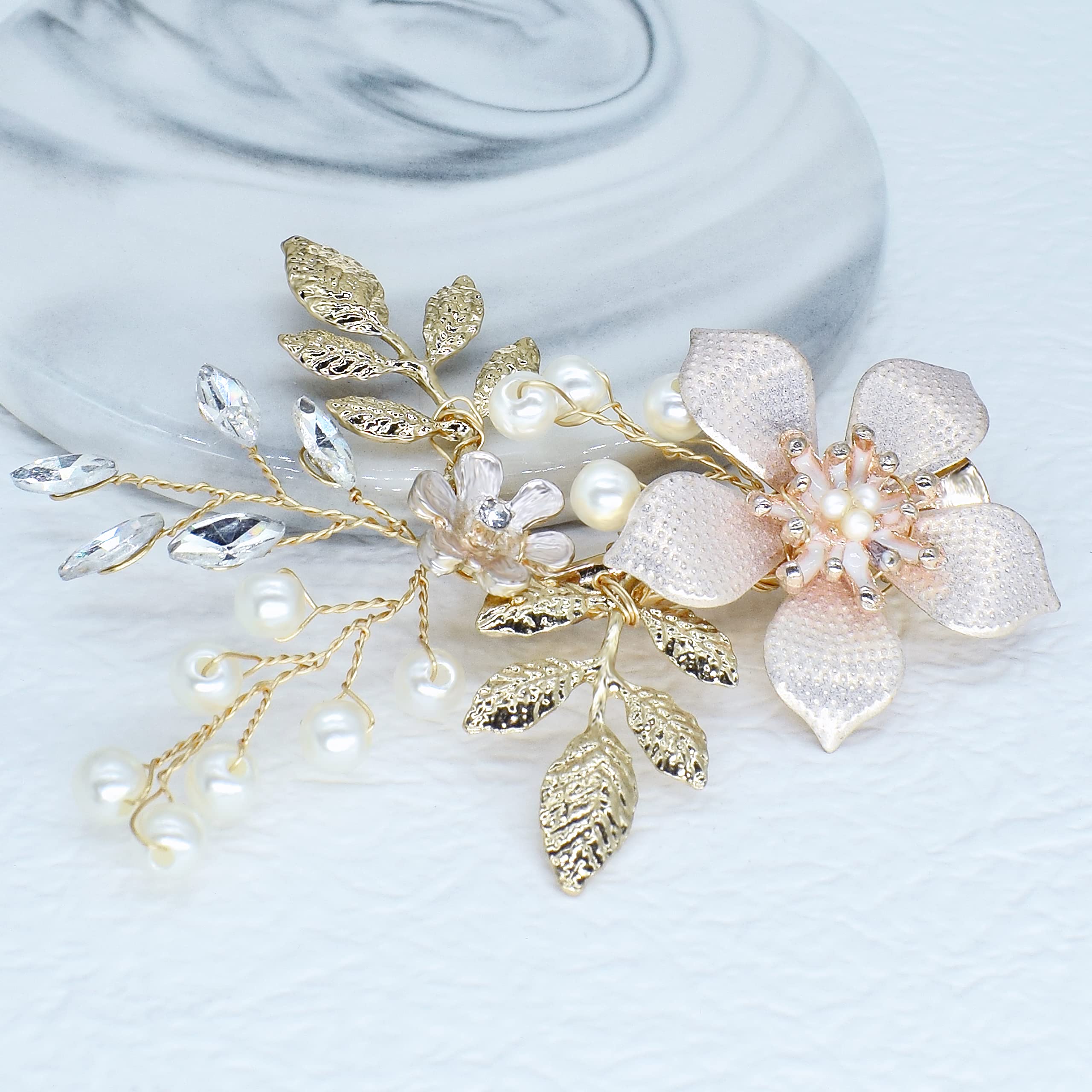 Fanvoes Hochzeits-Haarspange Braut – Handgefertigt Mit Strass & Blüten, Roségold, Ca. 15 Cm