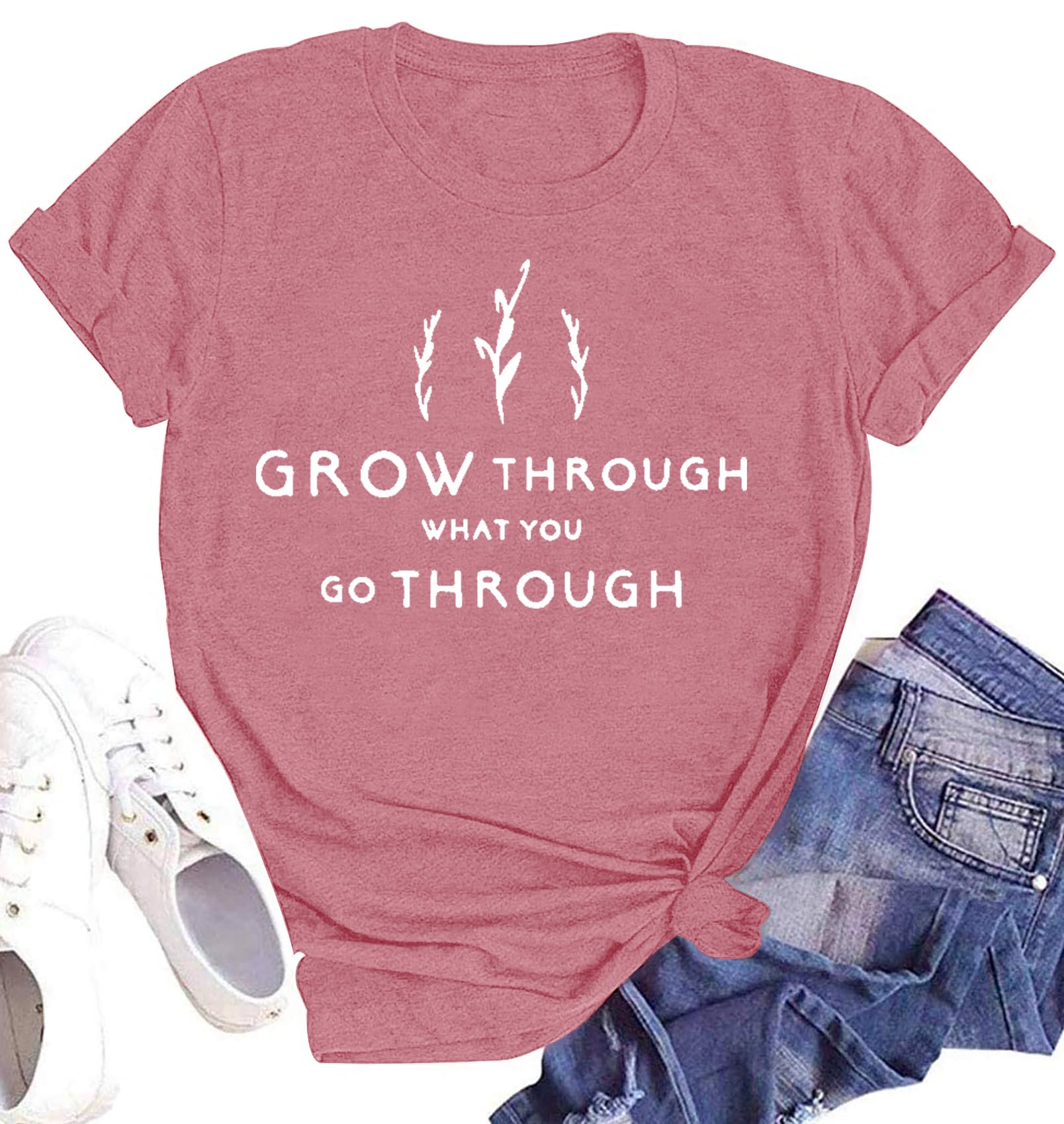 LINZEOO Women Inspirational T-Shirt Grow Through Motivational Positive Power Tees Tops