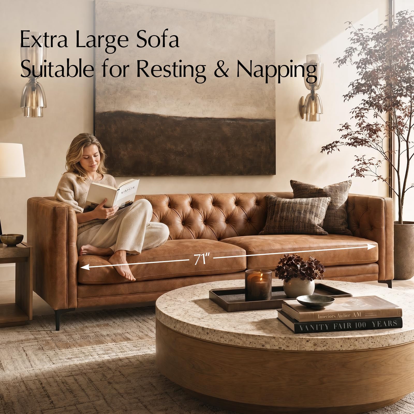 The Best Camel Leather Sofa Picks for 2026 1 HULALA HOME 84' Faux Leather Sofa, Mid Century Modern 3 Seater Couch, Camel — product photo