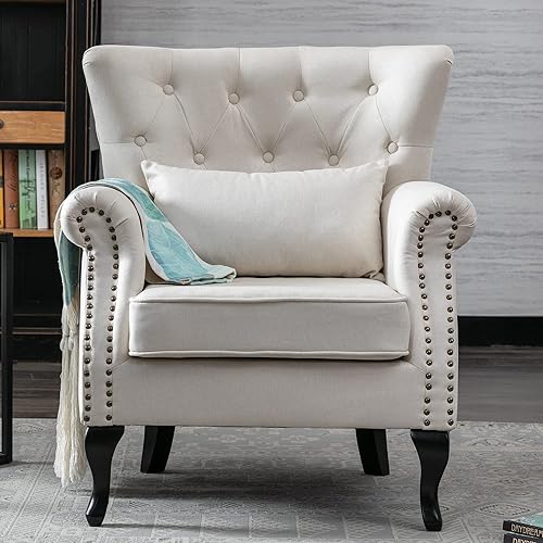 Kmax Silla decorativa copetuda de terciopelo de mediados de siglo, cómoda silla de sofá acolchada, respaldo de ala, patas de madera únicas, hogar,