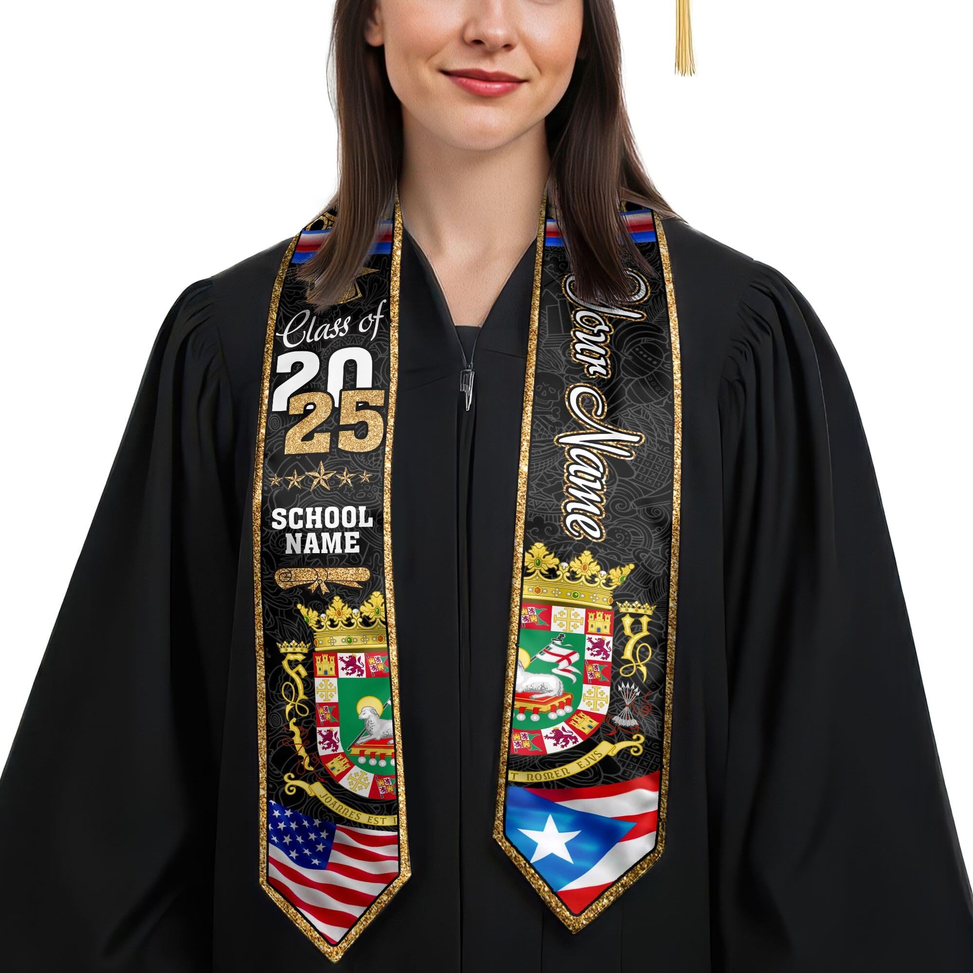 MonkeyVan Personalized Graduation Stole for Puerto Rican Senior, Puerto Rico Flag Graduation Sash Class of 2025 Gifts S174