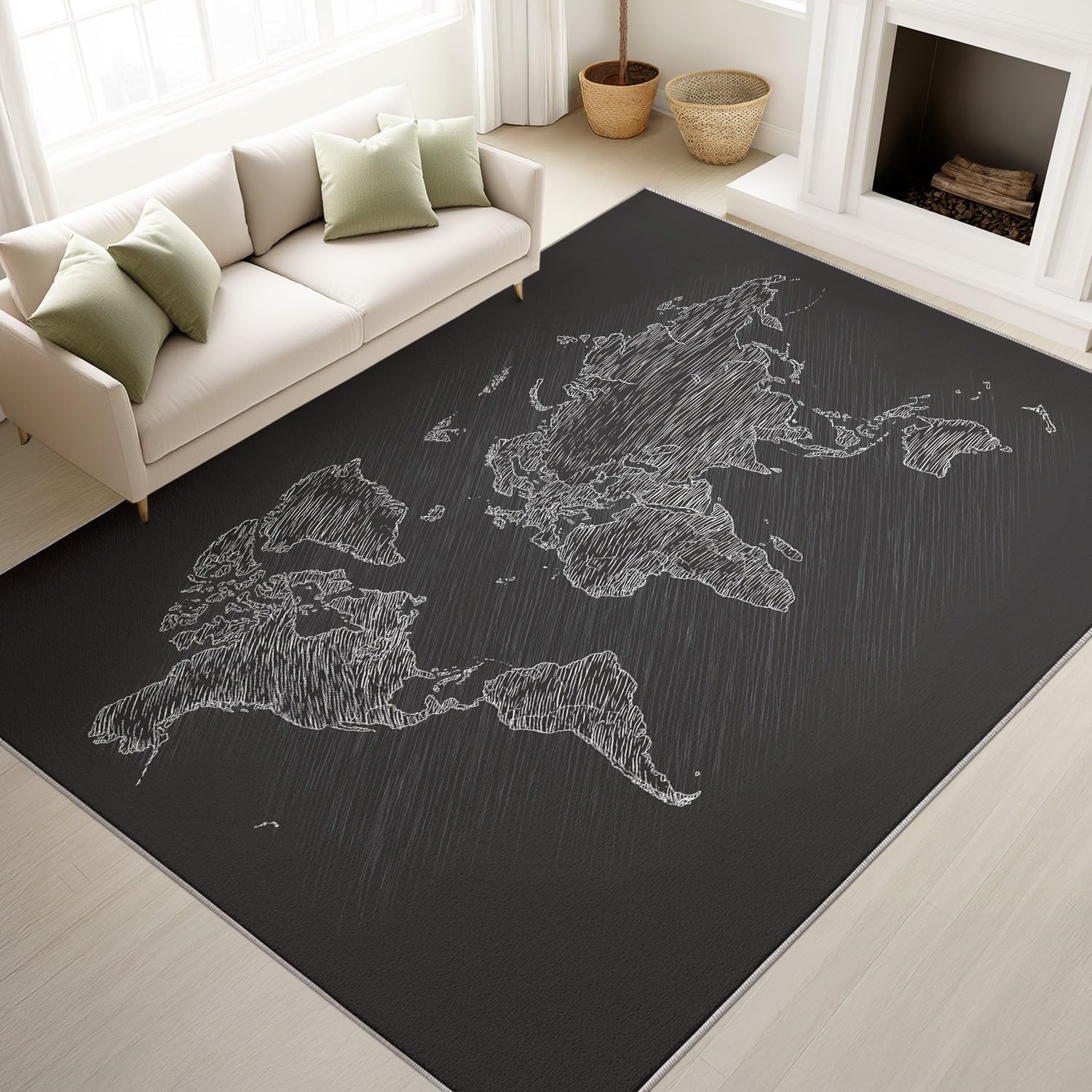Generisch Dywan dla miłośników podróży, 120 x 160 cm, minimalna mapa świata, czarny, sztuka, miękka mikrofibra, nadaje się do prania w pralce, do salonu, sypialni, kuchni i jadalni