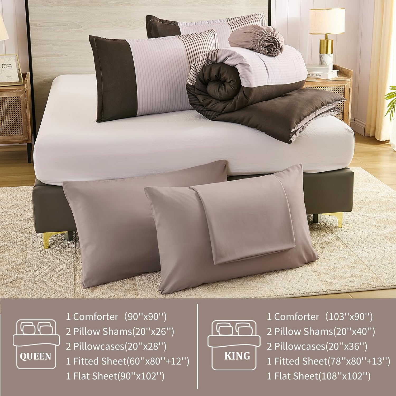 Anibedding Brown Queen Comforter Set 7 Pieces, Chocolate and White Patchwork Striped Bed in a Bag with Sheet Pillowcase for Queen Bed All Season - Image 7