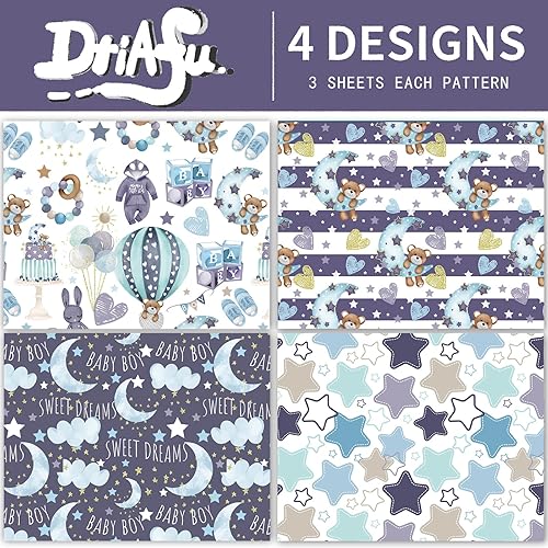 Miniatura 3 de Dtiafu Papel de regalo para baby shower para bebé niño  12 hojas de papel de regalo azul bebé con patrón de oso estrella, pastel, luna y dulces
