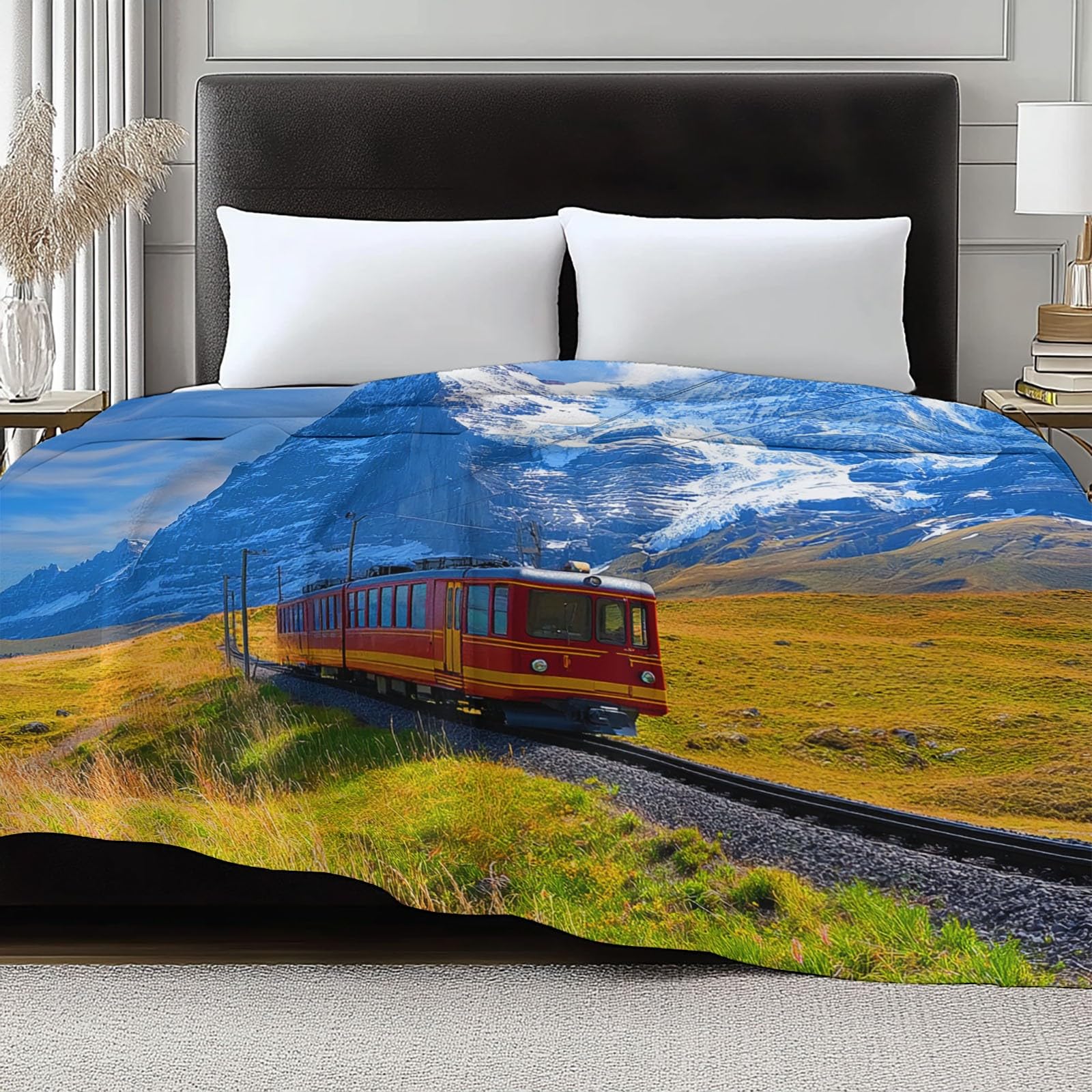Générique Couverture 220 x 240 cm, Couverture de Lit Surréalisme Voiture De Tourisme Montagnes Douce et Duveteuse Douillette pour Toutes Les Saisons - Plaid Polaire Bleu pour Adultes Et Enfants