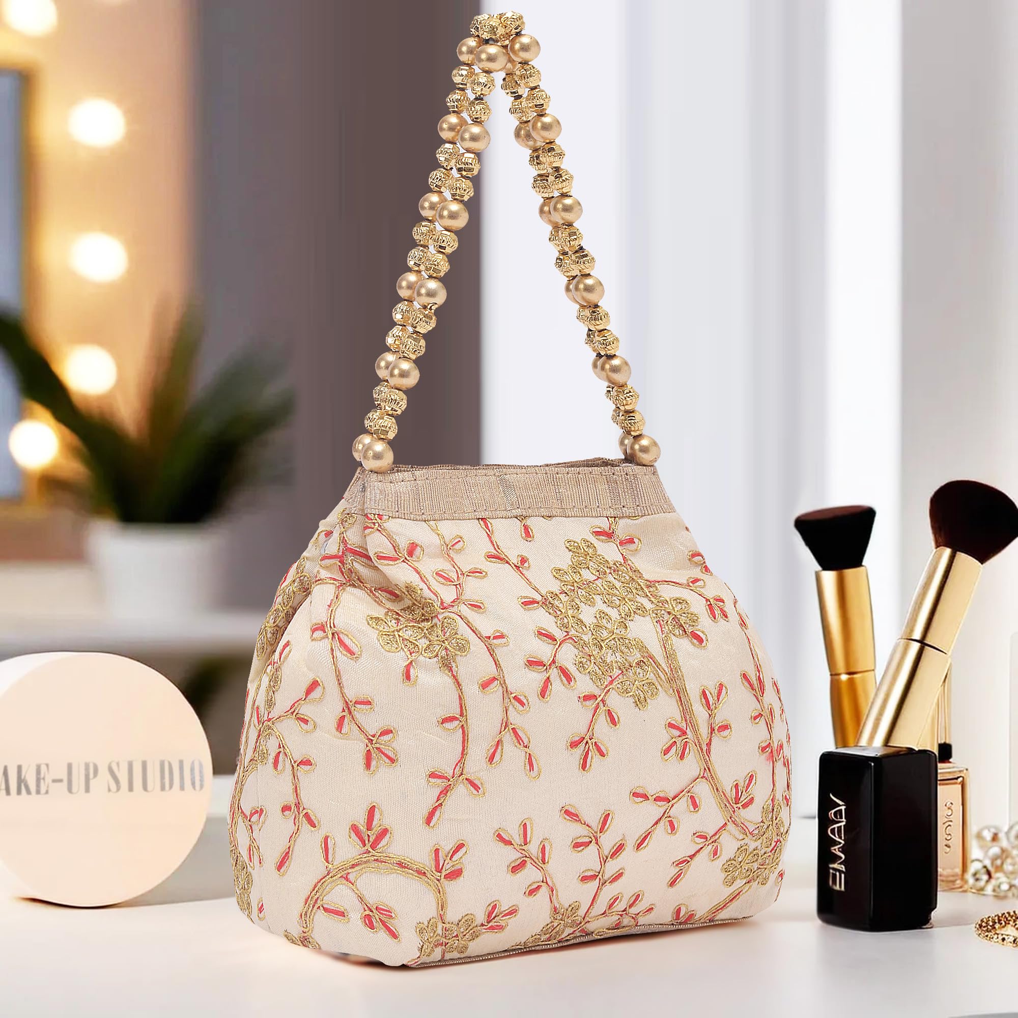 Kuber Industries Potli Bags for Ladies & Girls | Women Shagun Pouches for Festive Seasons | Batwa Bag Bridal Purse | Moti & Embroidery- Cream-image-22