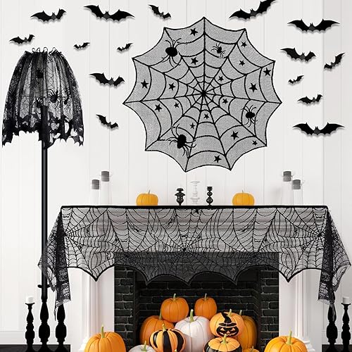 Miniatura 2 de Paquete de 5 decoraciones de Halloween para interiores, decoración de Halloween, camino de mesa de encaje negro, mantel de chimenea, mantel redondo,