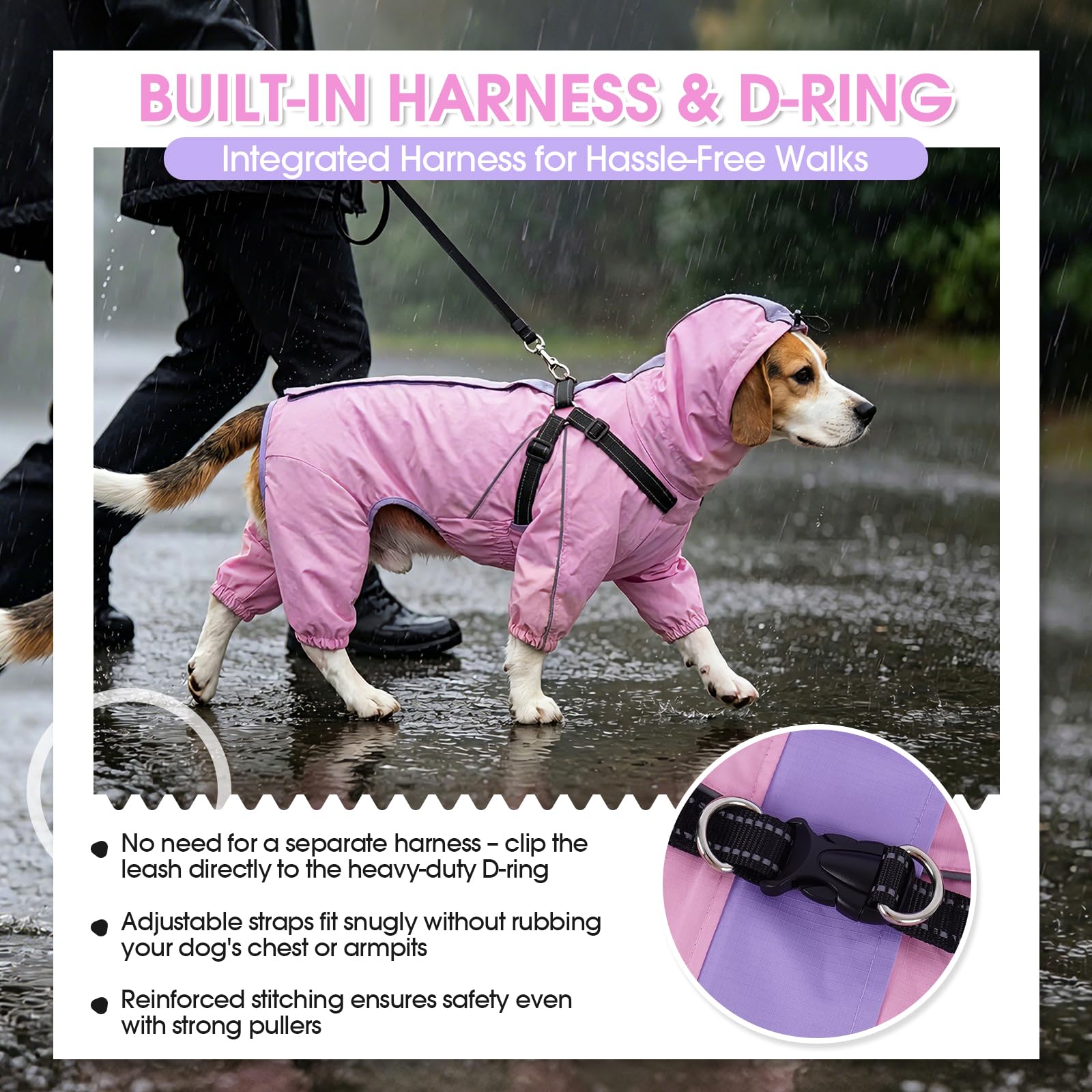 Lelepet Chaqueta impermeable para perros, impermeable para perros grandes, abrigo reflectante resistente al viento con arnés integrado, chaqueta impermeable ligera para mascotas, chaleco de seguridad