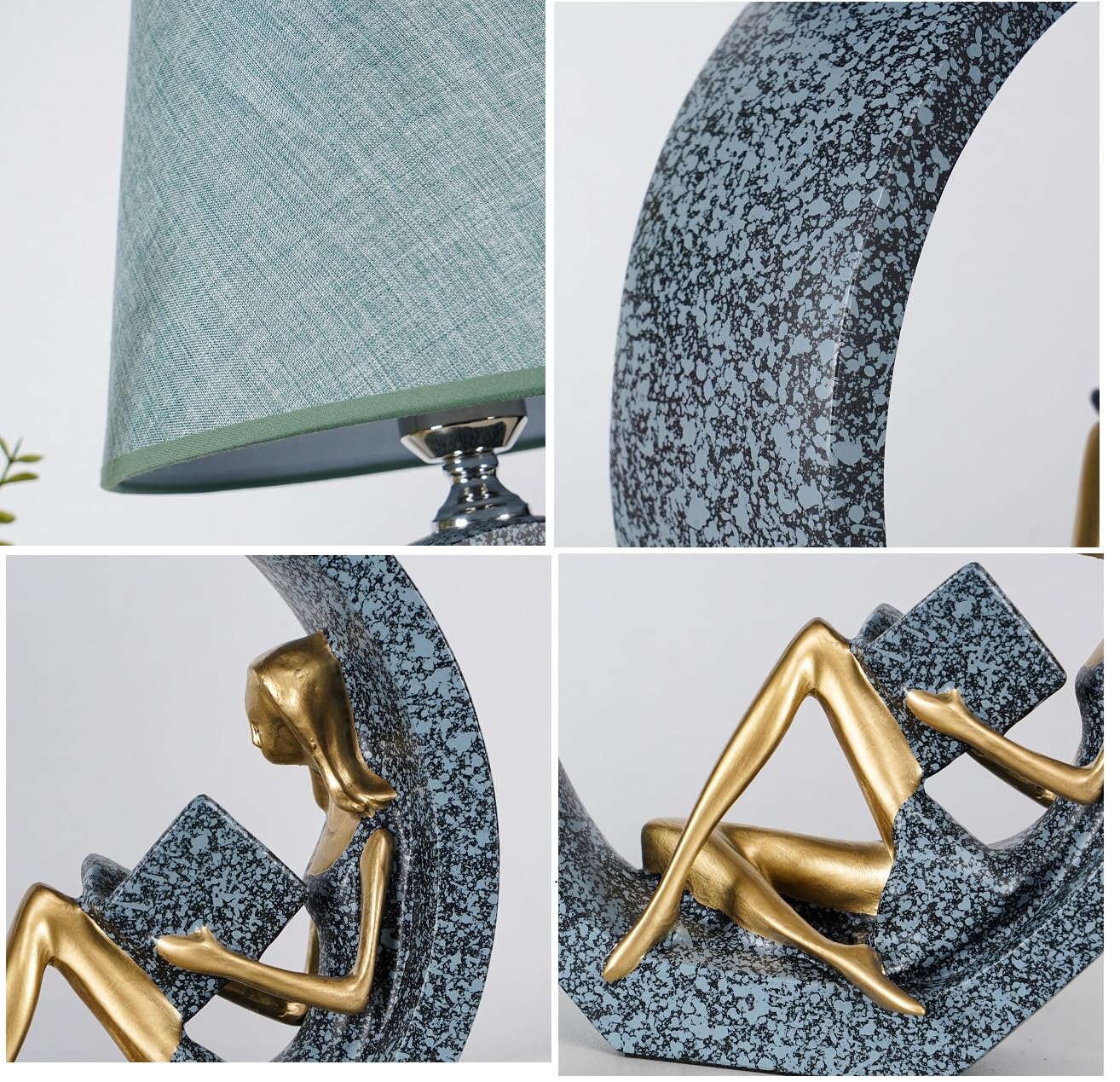 Creative Girl Lampe de bureau décorative avec base de figurine de lecture, vert noirâtre et or, hauteur 43 cm, abat-jour blanc, décoration artistique