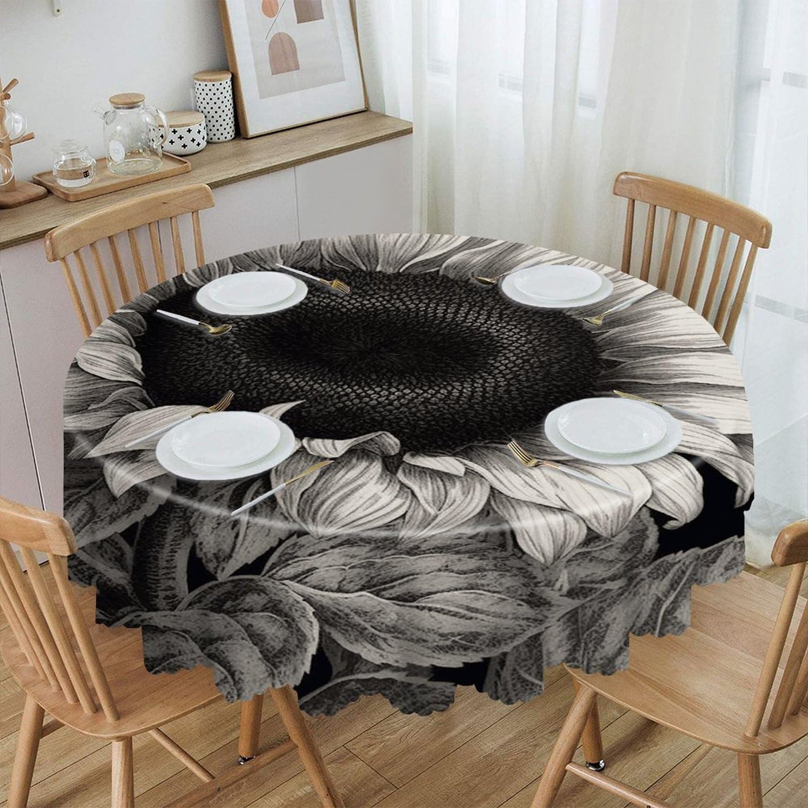 VstaDank Sunflower Black Grey Round Tablecloth Wipeable Round Polyester Tablecloth Waterproof Wrinkle Free Indoor and Outdoor Table Cover 60 Inch Decorative Farmhouse Table Cloth for Dining