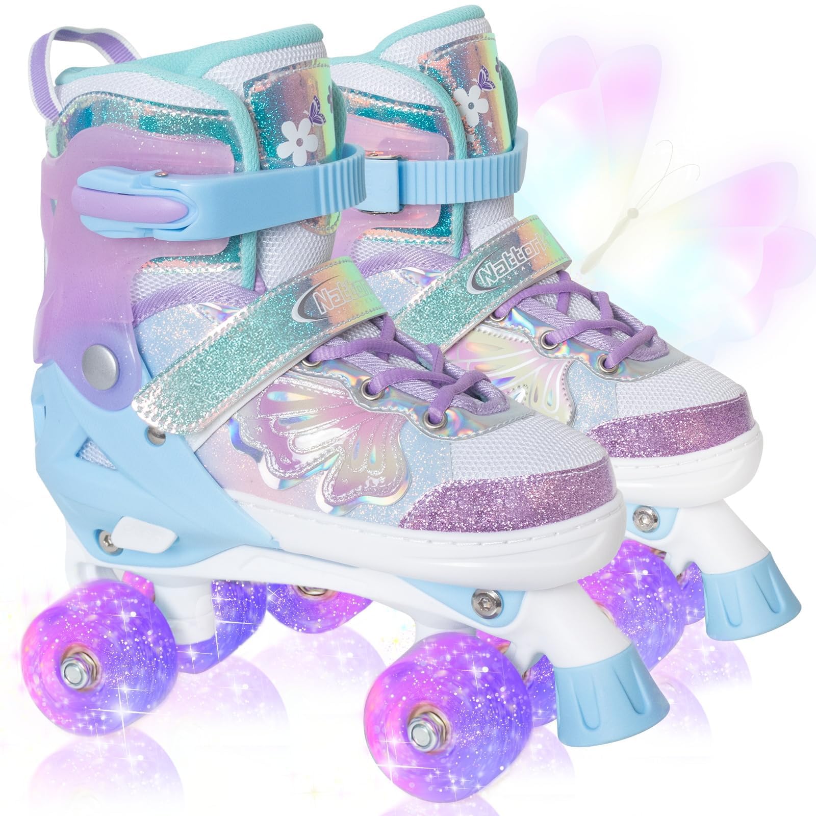 Nattork Patins à roulettes pour filles et garçons, 4 tailles réglables, motif papillon et fleur avec toutes les roues lumineuses – Cadeau d'anniversaire pour sports d'intérieur et d'extérieur