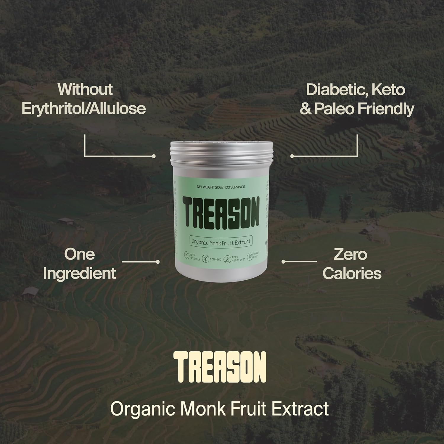 Treason, 100% Monk Fruit Extract Sweetener, Without Erythritol or Allulose, Keto Friendly, Non-GMO, Zero Sugar, 400 Servings, 20g