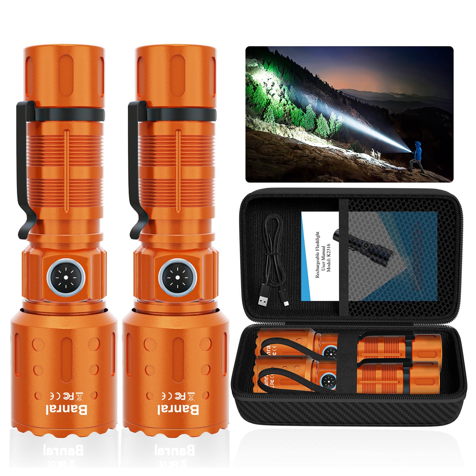 Banral Flashlights High Lumens Rechargeable, Super Bright Long Range Small Powerful Flashlight, 6 Modes LED Tactical Pocket Waterproof Flash Light for