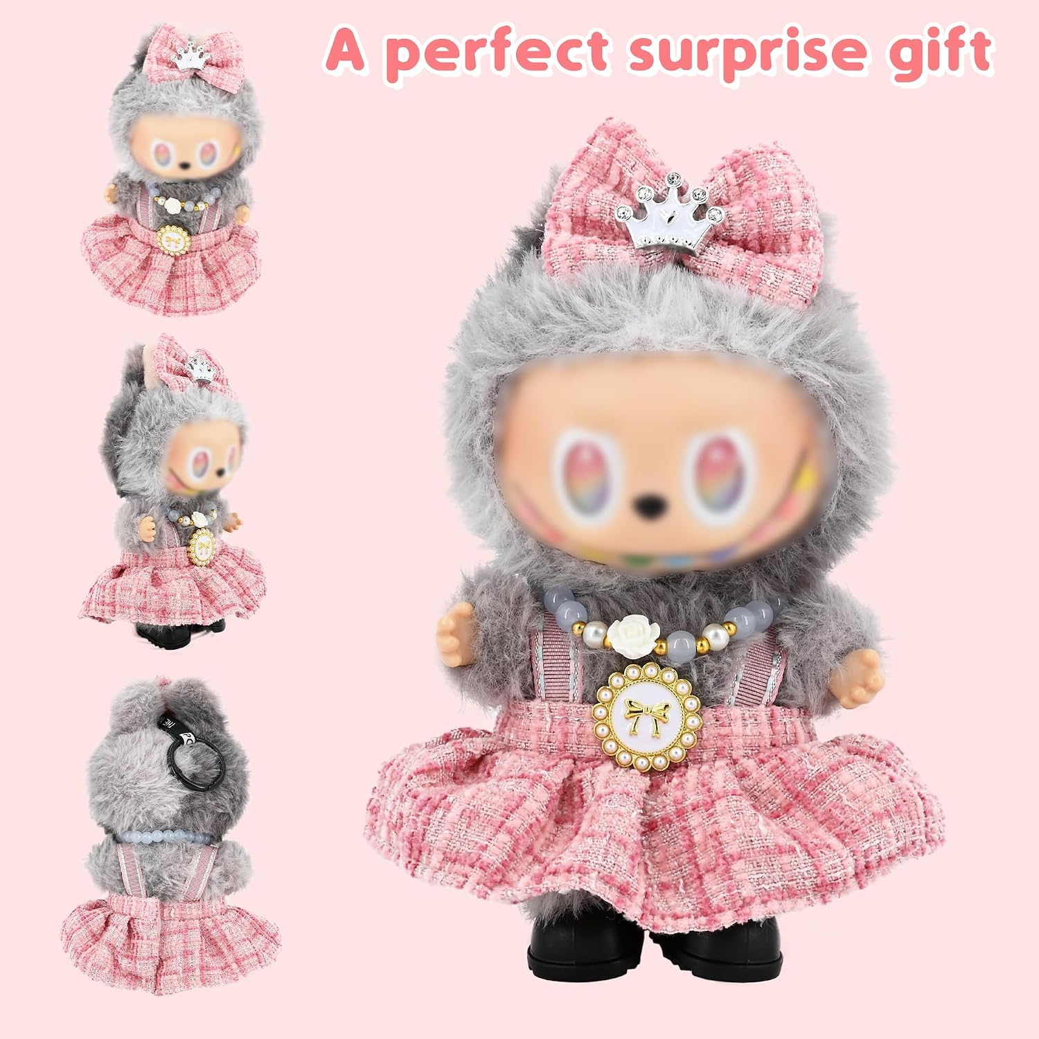 2-Piece Pink Princess Dress Set for 17cm Labubu Dolls - Outfit Includes Shimmering Dress & Crown Hair Clip (Doll Not Included) image 4