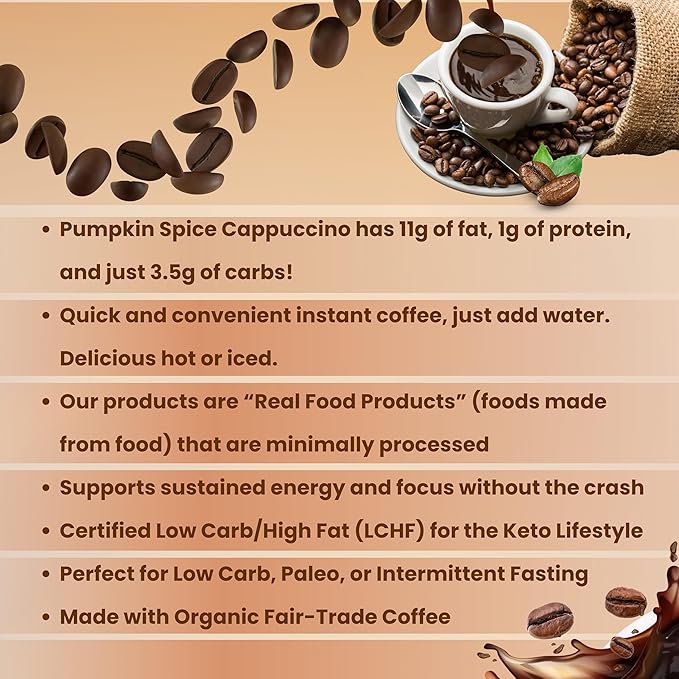 Keto Cappuccino - Pumpkin Spice - Keto Instant Coffee Mix with MCT Oil - Low Carb/High Fat, Organic Coffee Supports Ketosis - Energy Coffee - No Sugar - Made in USA – 28 Servings