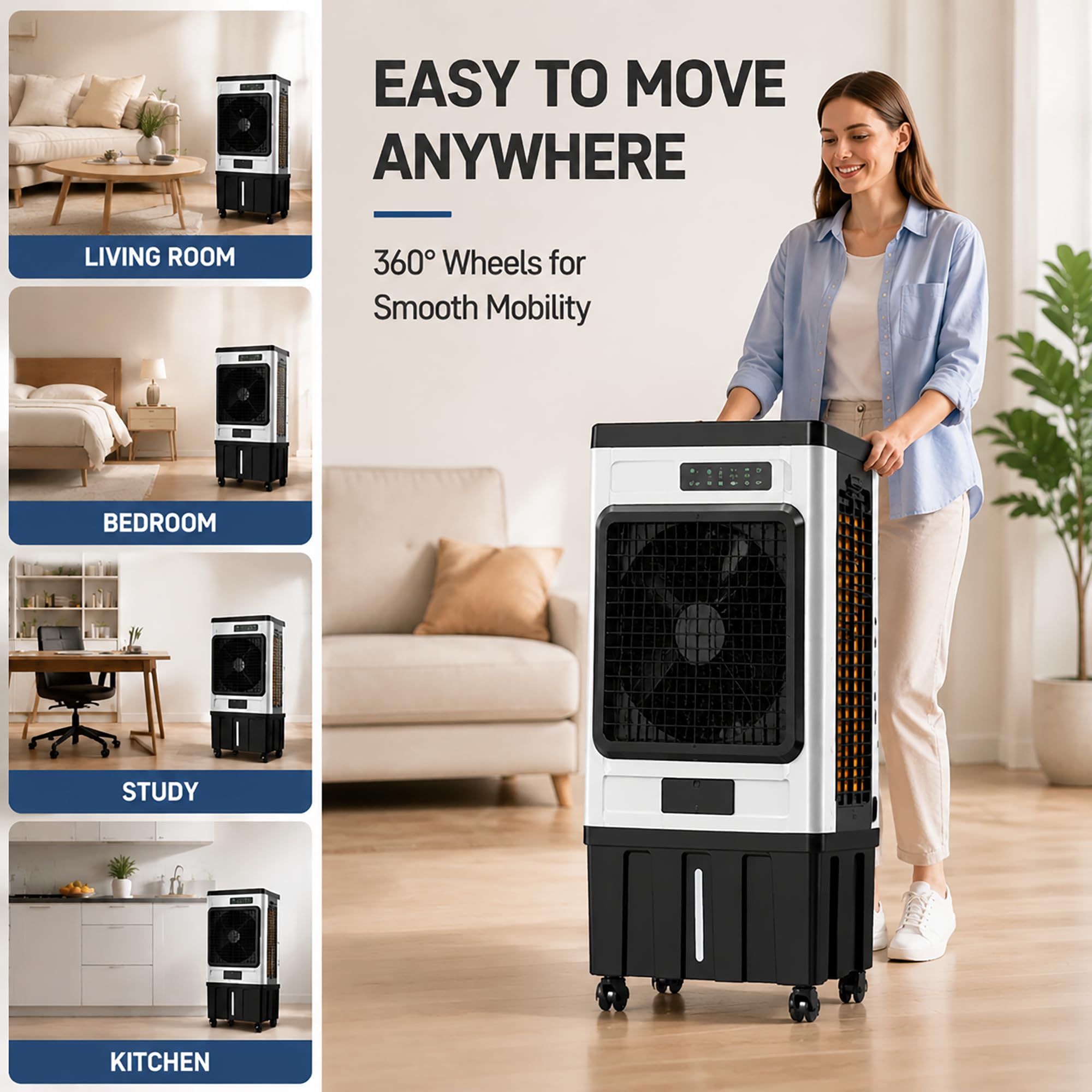 Raffreddatore evaporativo portatile, climatizzatore mobile senza tubo scarico, ventilatore rinfrescante silenzioso con confezioni ghiaccio per ambienti domestici e commerciali black